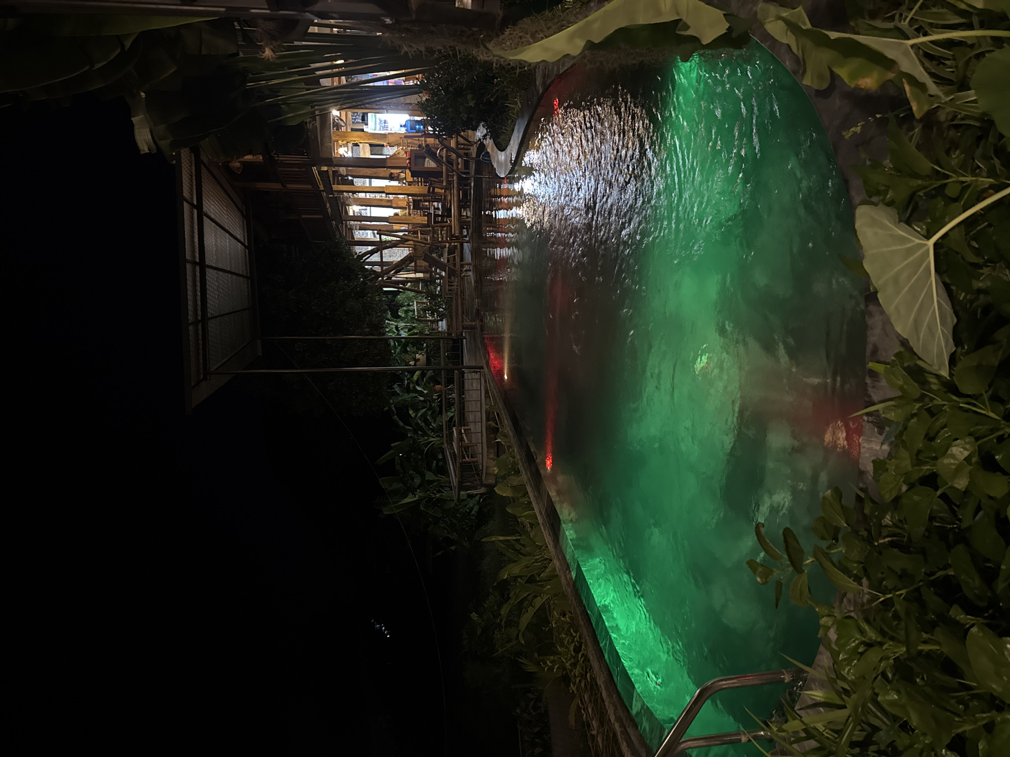 A nighttime exterior shot captures a swimming pool with vibrant green underwater lighting, casting a glow on the rippling water. A metal ladder is partially submerged on the left side of the pool. The pool is surrounded by lush green foliage in the foreground. In the background, a multi-level wooden structure with a covered roof is visible, illuminated by interior lights. Several tables and chairs are set up under the covered area, suggesting a restaurant or seating area. The overall scene is dark, indicating it is late at night, and the location appears to be within Xóm Khán, Vietnam.