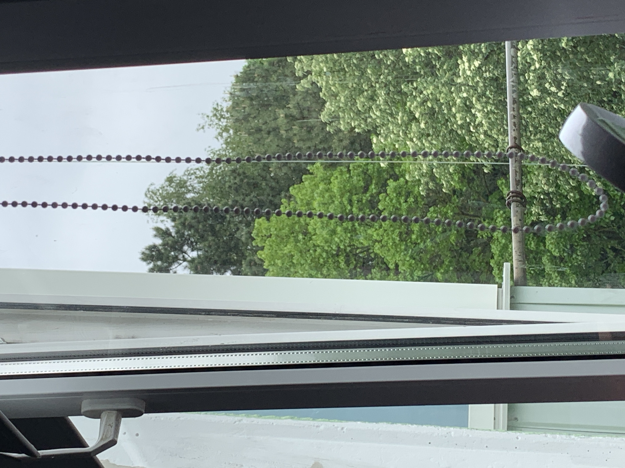 The image depicts a view through a window, with the window frame visible in the foreground. Outside the window, green trees and foliage are visible against a gray sky. A beaded chain hangs in front of the window. A metal pole with wrapped metal bands is visible on the right. The location is the city of Stavropol, Russia.