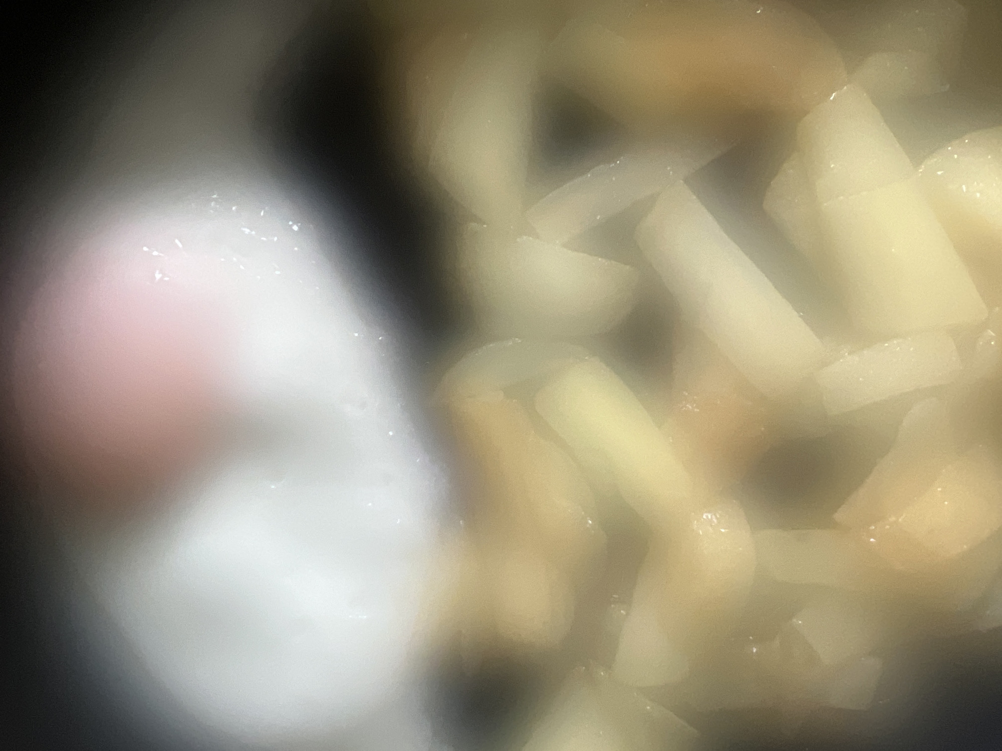 This close-up, blurry image displays a meal, possibly in the process of being prepared or served. On the left side, a soft-cooked egg, likely poached, is visible with its white part and a distinct pinkish-orange yolk, both appearing soft and slightly fluid. To the right, numerous irregularly shaped, yellowish-white pieces of what appear to be cooked root vegetables, possibly potatoes or parsnips, are present, some submerged in a light liquid or sauce. The overall image is out of focus, giving it a soft, ethereal quality, possibly due to steam or shallow depth of field. The background is dark and indistinct. No specific time of day, weather, or visible text can be discerned from the image. The scene is likely indoors.