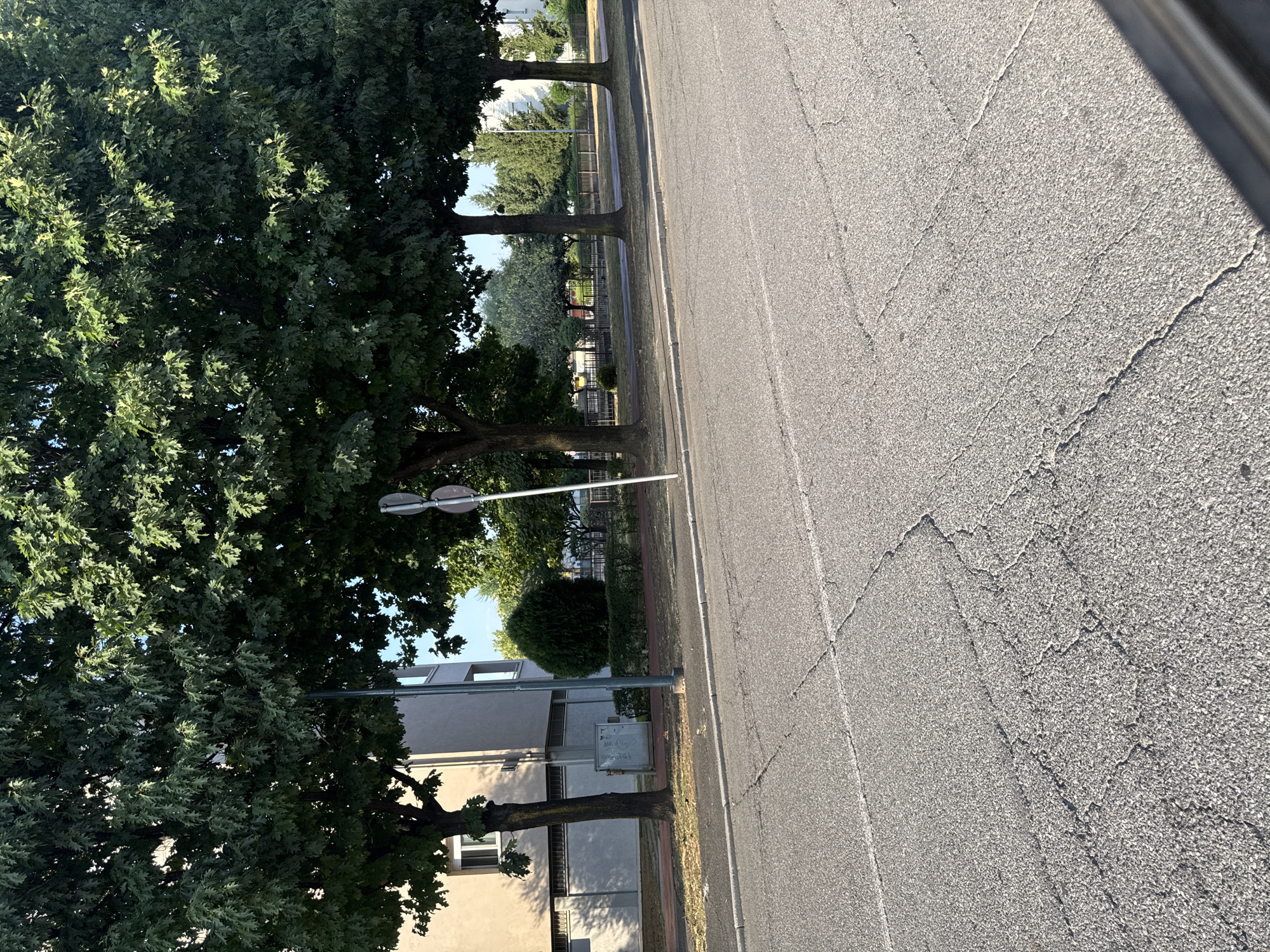 The image shows a street scene in Chiari, Italy, with a focus on the asphalt road in the foreground. The road exhibits significant cracking and wear. In the background, a row of mature trees with dense green foliage lines the street, casting shadows on the pavement. Behind the trees, a light-colored building with windows and what appears to be a utility box or cabinet is visible. Further back, more trees and a low fence are present, suggesting a park or residential area. A single street sign on a pole stands between two of the large trees. The sky is clear and bright, indicating a sunny day.