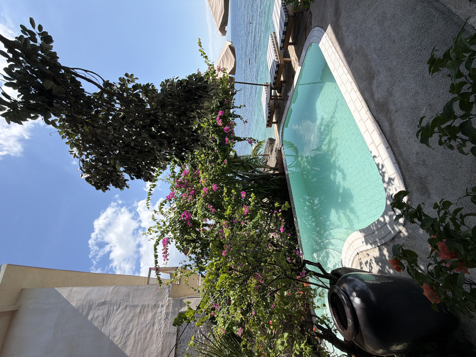 A kidney-shaped swimming pool with turquoise water is bordered by a white tiled edge and a gravel walkway in this outdoor scene. In the background, the ocean meets the horizon under a bright blue sky dotted with white clouds. Three lounge chairs with striped cushions and two large tan umbrellas are arranged on the walkway facing the water. Lush green foliage and vibrant pink bougainvillea flowers frame the pool and walkway, with a large dark ceramic pot to the left. A light-colored building with a textured facade is visible on the far left. The scene appears to be a resort or private villa in Nusa Penida, Indonesia, likely in the area of Tanglad, known for its coastal accommodations.
