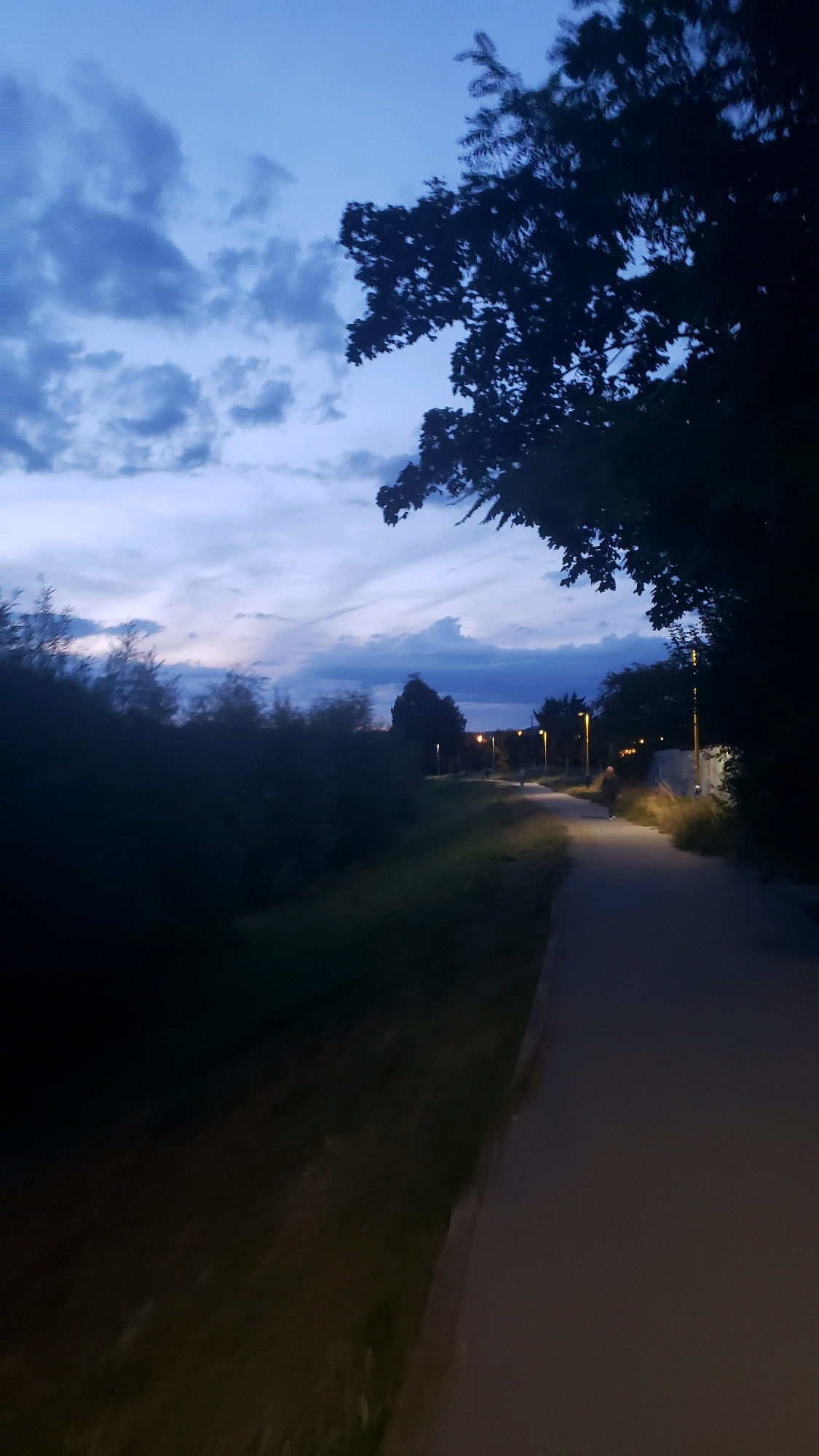 The image captures a dusky scene along a paved pathway bordered by a grassy verge and dense foliage on the left. On the right, the pathway continues and is illuminated by a line of streetlights. In the distance, a solitary individual is walking along the pathway. The sky above is a deep blue, streaked with clouds, suggesting either dawn or dusk. The overall atmosphere is serene, possibly indicating a park or a designated recreational area within Prešov, Slovakia, such as the surroundings of the already developed areas of Sídlisko Sekčov or a similar urban green space.