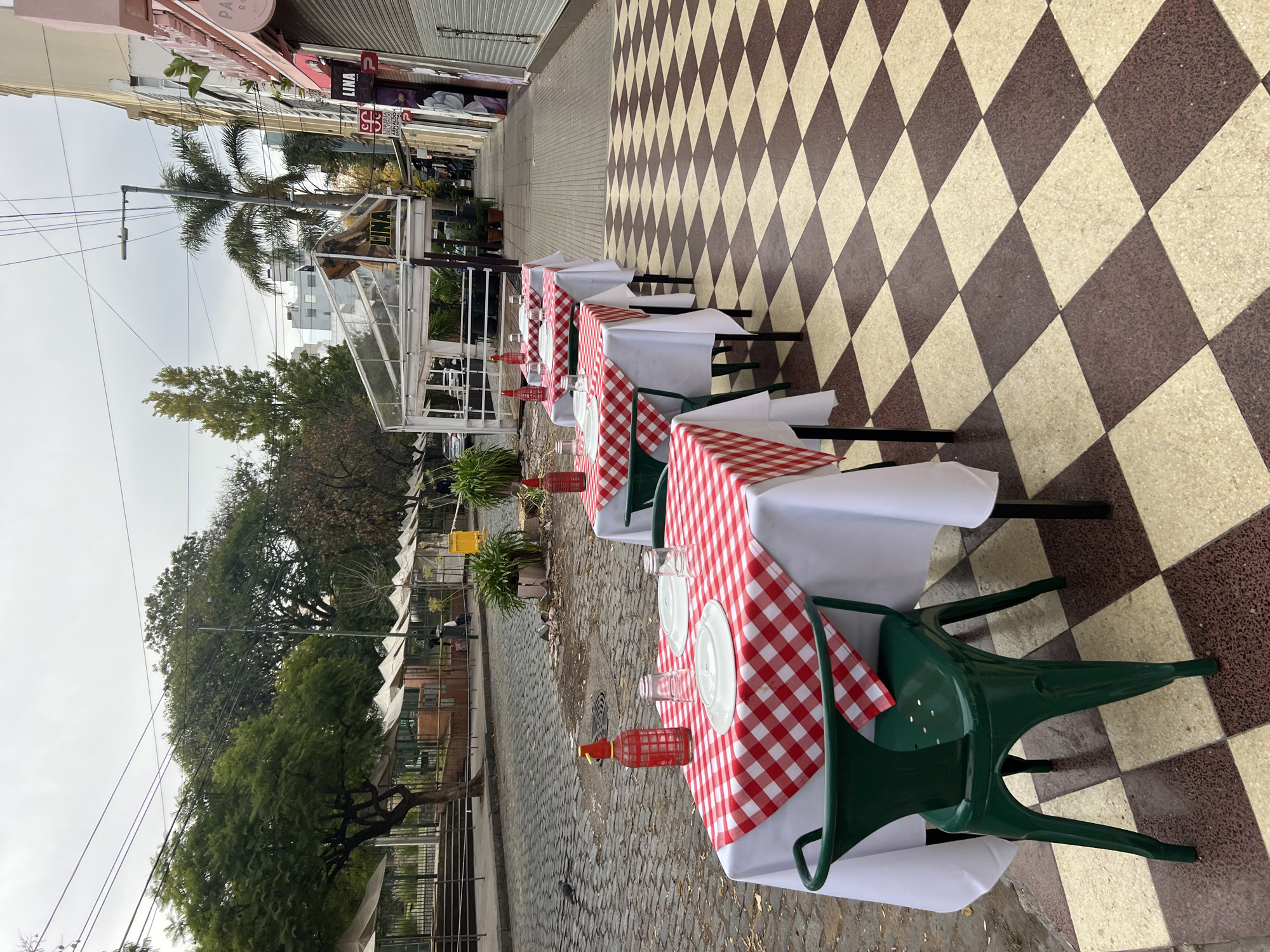 The image shows a sidewalk restaurant scene, likely in Buenos Aires, Argentina. Tables are set with red and white checkered tablecloths, white plates, and glassware. The chairs are green. A checkered tile floor marks the restaurant's boundary on the sidewalk. On the left, a tree-lined street with a fenced-in area is visible. The street leads to buildings and other commercial establishments. Overhead power lines are present. The sky appears overcast.