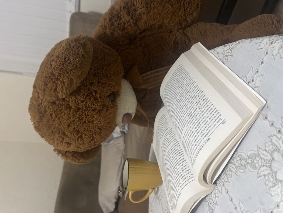 An indoor scene in Sedlartsi, Bulgaria, depicts a large, brown, plush teddy bear seated upright, positioned to appear as if reading an open book. The teddy bear, featuring a lighter-colored snout and a brown ribbon tied around its neck, faces downwards towards the pages. The open book, with white pages and black text written in Bulgarian script, rests on a table covered by a white patterned fabric runner. To the left of the book, a yellow ceramic mug with a ribbed texture and handle contains a silver spoon. In the background, a light brown upholstered sofa is partially visible, with a white pillow resting on it. The wall behind the sofa is light-colored.