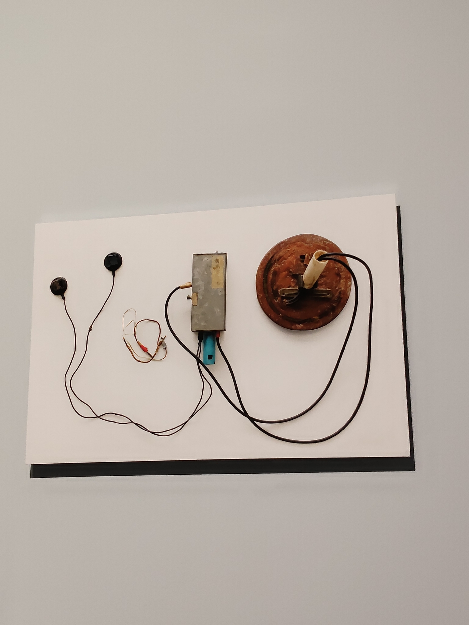 This is a forensic, matter-of-fact description of the image:
The image displays an art installation mounted on a white rectangular board with a black frame, set against a plain light gray wall. The installation consists of several components:
On the left side of the white board are two black, circular objects, each connected by a thin black wire that trails down and then loops around. These objects resemble earbuds or small speakers.
In the center of the board is a small, metallic rectangular box with a faded yellow label on its front. A blue component is visible at the bottom of this box, and wires are connected to its sides.
To the right of the metallic box is a circular, rusty-colored object, possibly made of metal, with a light-colored cylindrical protrusion extending from its center. Black wires are connected to this protrusion and also appear to be routed from the metallic box.
There is also a separate tangle of thin wires with red and white connectors situated between the earbuds and the metallic box.
The art installation appears to be static, with no people or discernible actions taking place. The lighting is even, suggesting an indoor environment, possibly a gallery or exhibition space. There are no visual cues in the image to indicate the specific location within Singapore, Singapore.