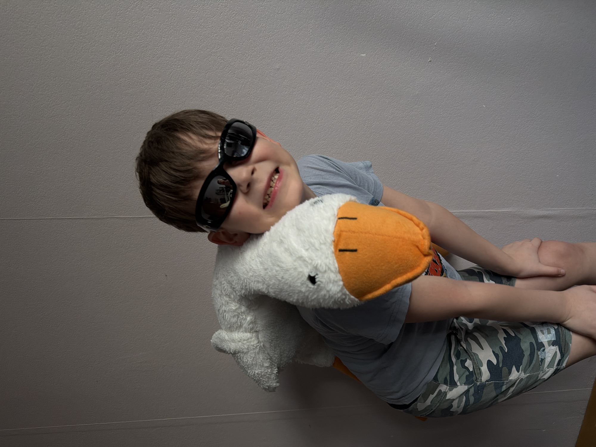 A child wearing sunglasses holds a plush goose against a light gray wall. The child has short brown hair, wears a gray t-shirt and camouflage shorts, and is smiling, showing teeth. The plush goose has a white body and an orange beak with black stitched lines. The background is a plain light gray wall.