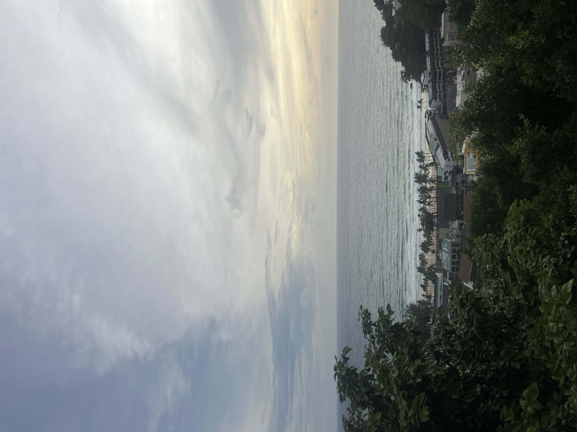 This is an exterior, eye-level, medium-shot, vertical, full image of a coastal scene in Karon, Thailand. The image is taken from a slightly elevated viewpoint, looking down on a beach and resort area. In the foreground, dense green foliage dominates the lower left and bottom center of the frame. Beyond the foliage, a line of palm trees is visible along a sandy beach. Several resort buildings, with a mix of white and green roofs, are situated behind the palm trees. The ocean stretches across the mid-ground, with gentle waves approaching the shore. The sky above is filled with a mix of clouds, ranging from light grey to darker, textured formations, with a subtle yellow-white haze near the horizon on the right side, suggesting either sunrise or sunset. No people are visible in the image.