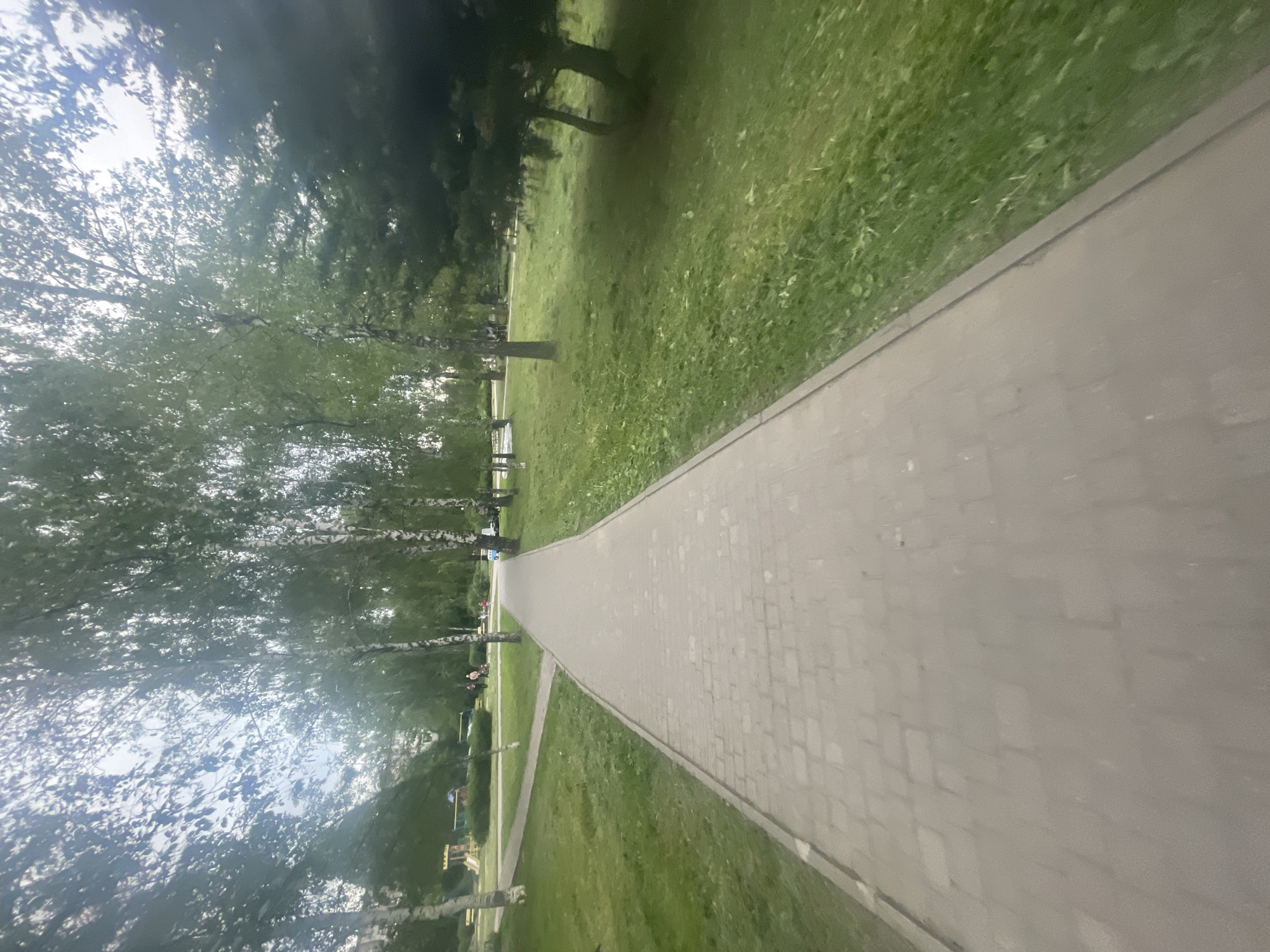 This media file depicts a serene park or green space in Poltava, Ukraine, with a long, paved pathway as the central feature. The image is originally rotated but shows the path receding into the distance when viewed correctly.
The main subject is a well-maintained pathway constructed from grey rectangular paving blocks. On either side of this path are lush green lawns. Numerous tall trees, many identifiable as birch trees with their distinct light-colored bark, line the path and border the grassy areas, providing ample shade and a natural canopy.
In the mid-ground to the left of the path, faint outlines of what appears to be a children's playground are visible, characterized by yellow and red structures. Several blurry figures, likely people, can be seen scattered along the path and near the playground, suggesting individuals are walking or engaging in leisurely activities.
The scene takes place during the daytime, with sunlight filtering through the leaves, indicating clear or partly cloudy weather. The overall atmosphere is calm and inviting, typical of a public park. There is no visible text in the image.