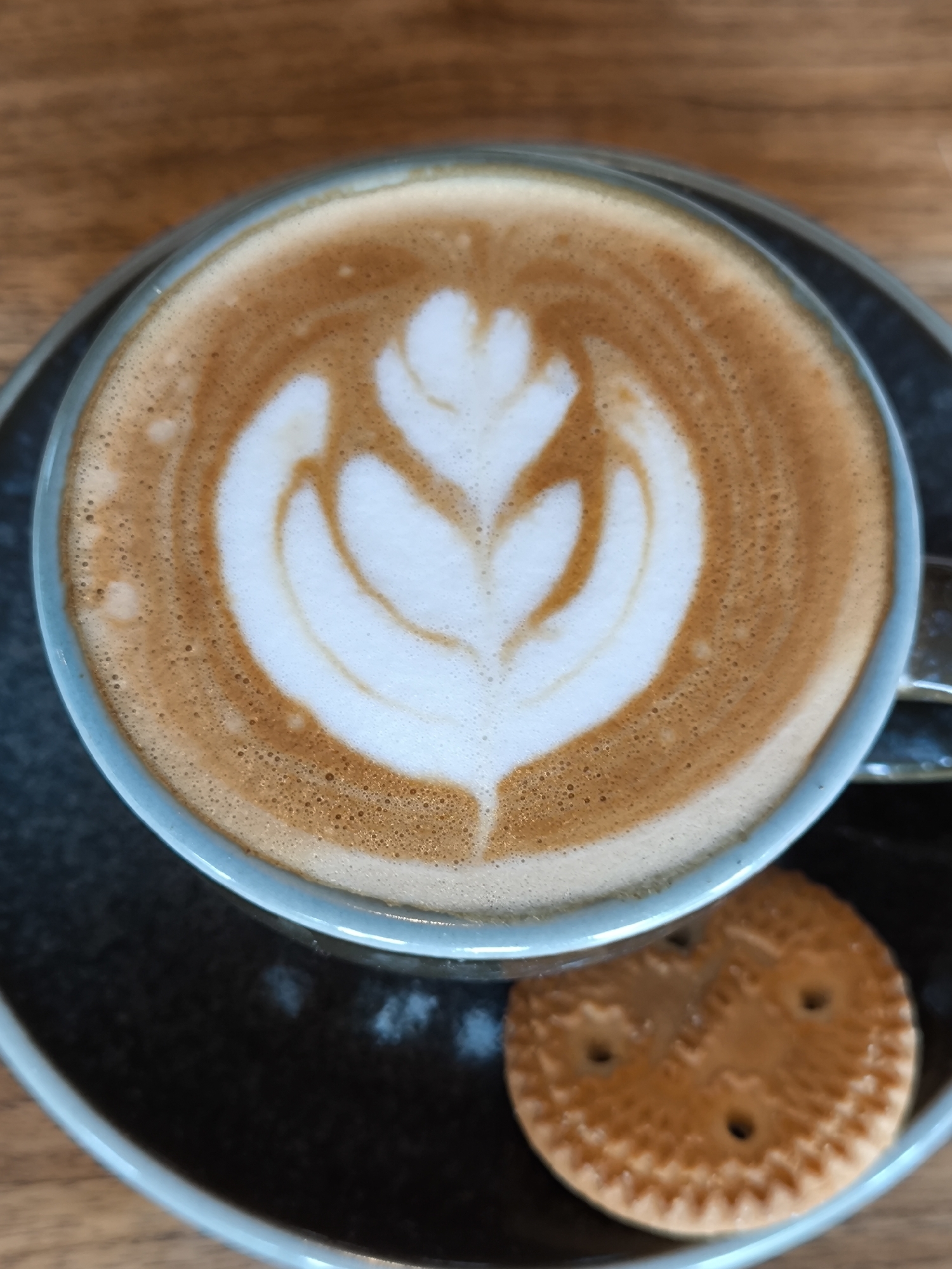 A close-up shot showcases a cup of latte art, complemented by a biscuit, set on a dark-colored saucer. The coffee features an intricate, leafy design crafted from the white foam, surrounded by the brown tones of the coffee. A biscuit with small holes lies next to the cup on the saucer. The overall setting suggests a café or restaurant setting. There is no specific information about the location in Nusa Penida, Indonesia, nor any description of people, actions, interactions, or other objects. The environment is limited to the cup, the coffee, the saucer, and the biscuit.