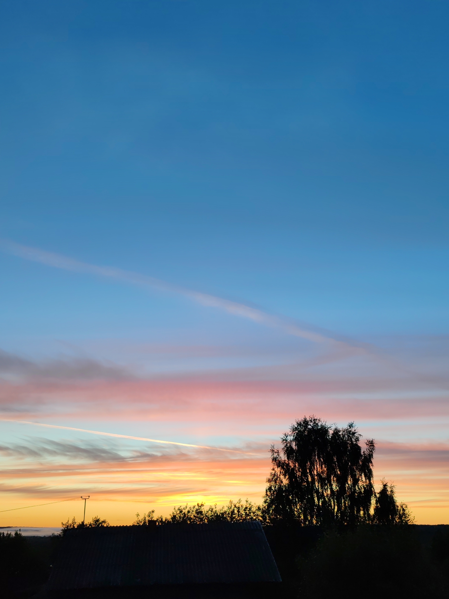 This image captures a silhouetted landscape at dusk in Чухлэм, Russia. A dark, peaked roof of a building occupies the lower left foreground, with a silhouette of foliage to its right. Beyond the foliage, a prominent, dark silhouette of a tree with visible branches stands in the mid-ground, slightly to the right of center. To the left of this tree, another, smaller silhouetted tree is visible. A utility pole with wires is also silhouetted against the sky, positioned to the left of the main tree. The horizon line is low, where land and the base of the trees meet the sky. The sky is dominated by a gradient of colors typical of sunset or sunrise. The upper portion of the sky is a clear, deep blue, transitioning to lighter blues and then bands of soft pink, orange, and yellow near the horizon. Thin, wispy clouds or contrails streak across the sky, some appearing light pink or orange, blending with the sunset colors. The overall scene is dark and atmospheric, with the silhouettes of man-made structures and trees contrasting against the vibrant colors of the sky.