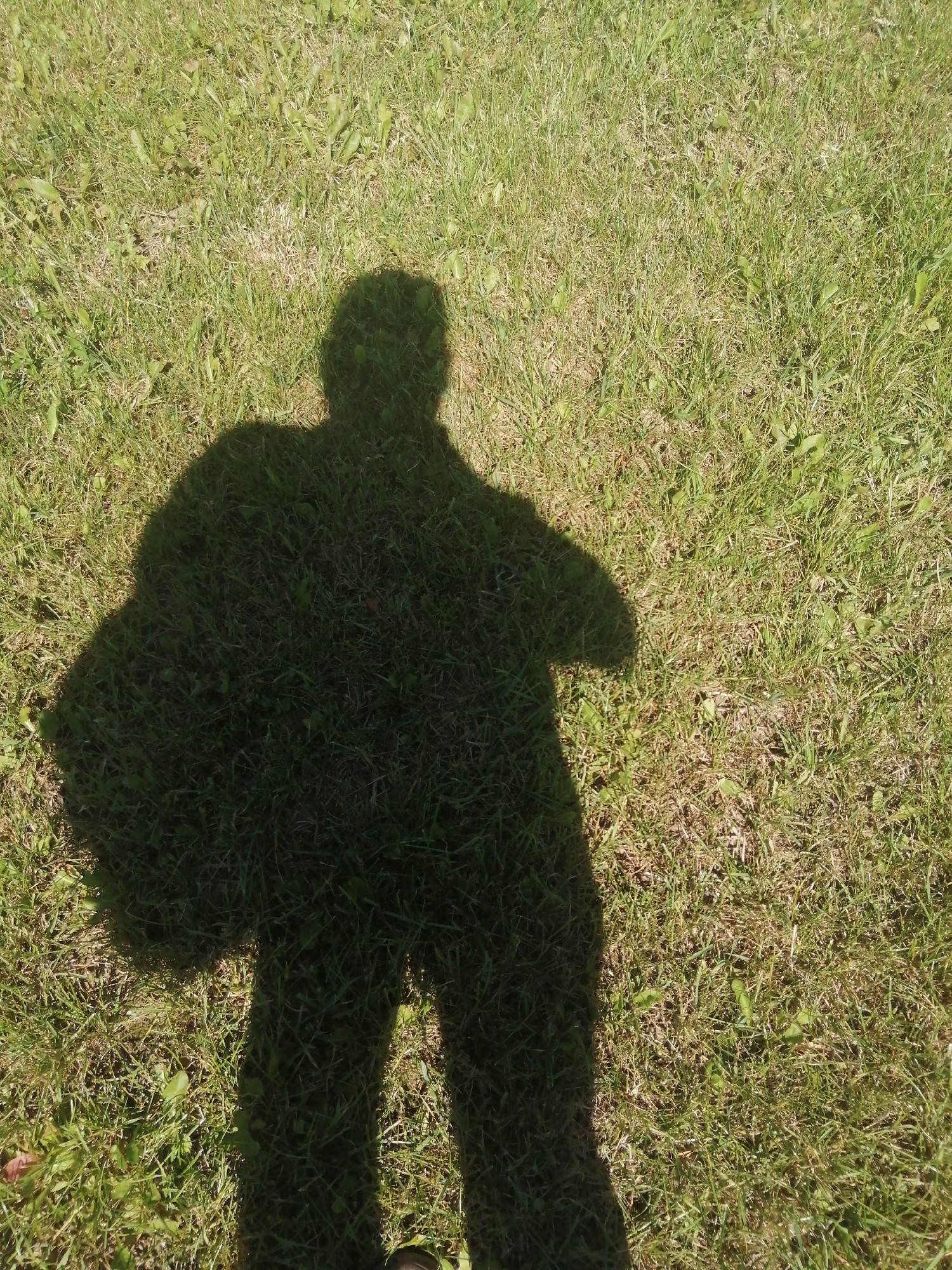 The image shows a shadow of a person casting on green grass. The shadow is that of a person from the head to the legs, and it appears the person is wearing a bag on their left shoulder. The grass is short and appears to be well-maintained. The sun is casting a shadow, indicating it is daytime. The context provided suggests this image might be from the city of Slonim, Belarus, though this cannot be visually confirmed from the image itself.