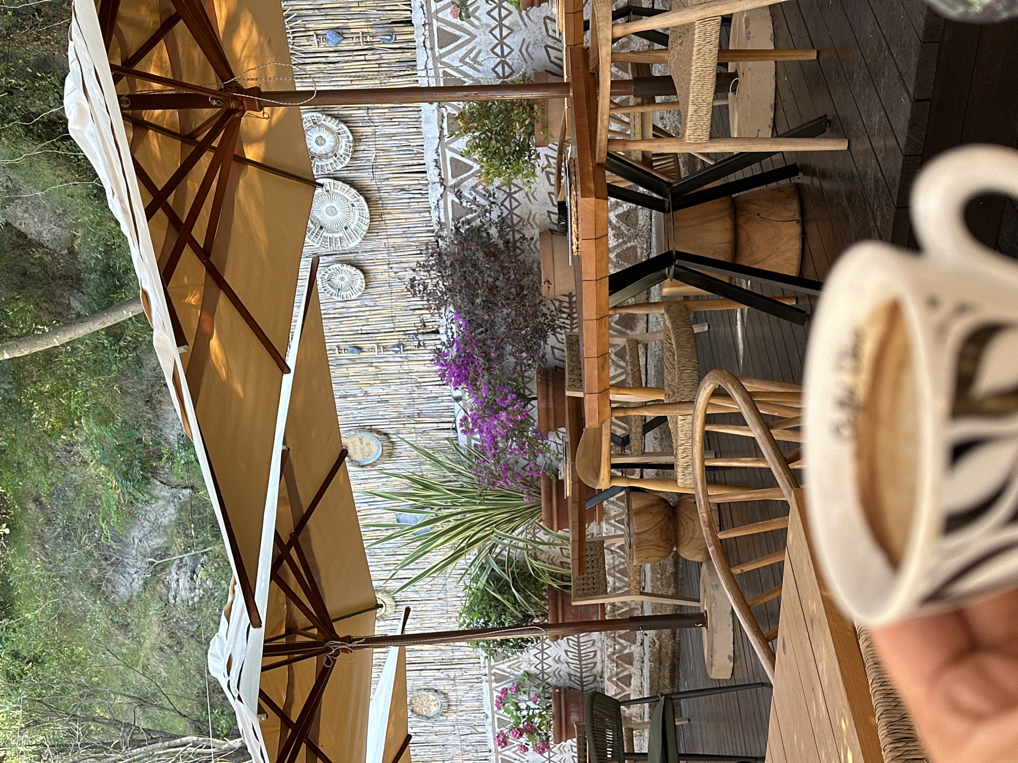 A close-up shot focuses on a white coffee cup with a black and white striped pattern, filled with coffee. The cup is held by a person's hand in the foreground, with its contents slightly out of focus. In the background, an outdoor seating area of a cafe is visible, with several tables and chairs arranged on a wooden deck. Two large, tan umbrellas provide shade over the tables. Behind the seating area, a wall decorated with bamboo reeds and geometric patterns is present. Potted plants, including a tall, leafy one and a bush with purple flowers, are placed on shelves or stands along the wall. In the far background, a green, vegetated hillside is visible. The cafe appears to be located outdoors, possibly in a hilly or mountainous region, consistent with the environment in Boreti, Montenegro, known for its scenic coastal and natural landscapes.