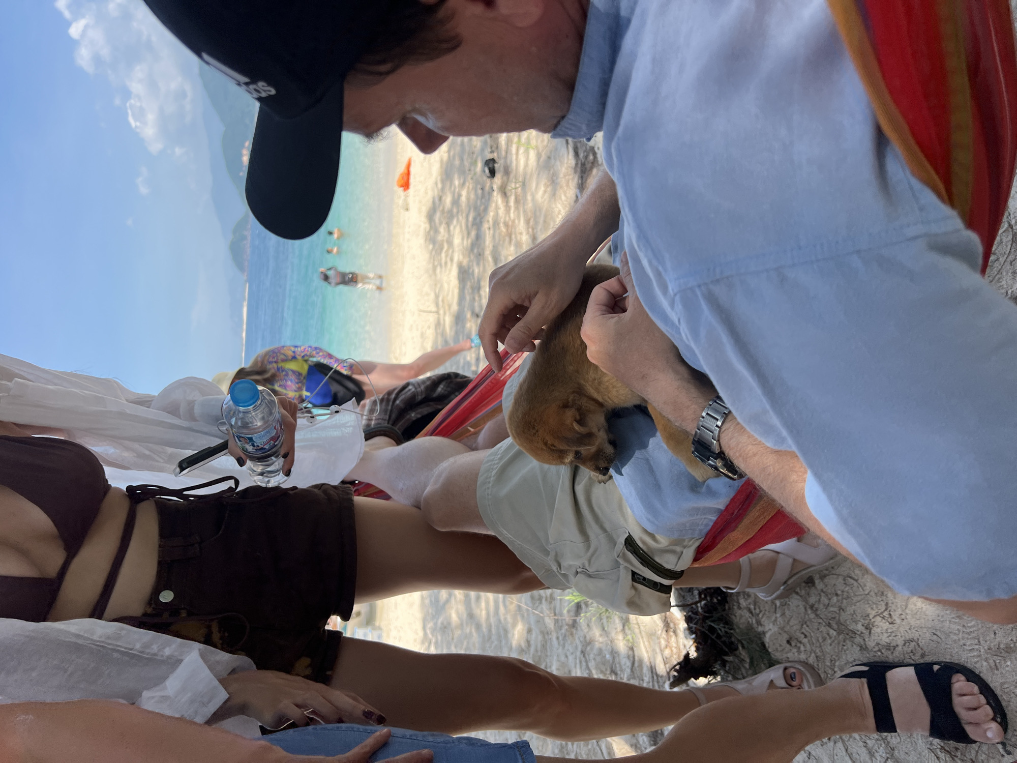 The image depicts a sunny beach scene in Dai Lanh, Vietnam. In the foreground, a man is seated in a striped hammock, predominantly red and orange, viewed from a slightly elevated rear-right perspective. He wears a light blue collared shirt, tan shorts, and a black baseball cap with a white "adidas" logo on the side. A metallic wristwatch is visible on his left wrist. Resting on his lap is a small, light brown puppy, which he is gently petting with his right hand.
To the left of the man in the hammock, a woman stands, largely visible from the mid-torso down. She wears a dark brown halter-neck bikini top with wrap-around straps, a white unbuttoned long-sleeved shirt over it, and dark brown shorts. Her left hand holds a clear plastic water bottle with a blue cap and a white label. Her fingernails are painted dark. She wears black flat sandals on her feet.
Partially visible on the far left, another person's lower leg and foot are seen, wearing light blue shorts and beige platform sandals with blue nail polish on the toes. Further back, between the standing figures and the background, another individual is partially obscured, wearing a vibrant patterned long-sleeved rash guard (yellow, blue, purple) and possibly a light-colored hat.
The background features a light-colored sandy beach leading to clear, calm turquoise ocean water. Several people are visible in the water; one individual is seen from behind in light-colored shorts near the shore, while two others are further out. An orange buoy and a dark object rest on the sand near the water's edge. Distant green mountains rise from the sea under a bright blue sky dotted with scattered white clouds.