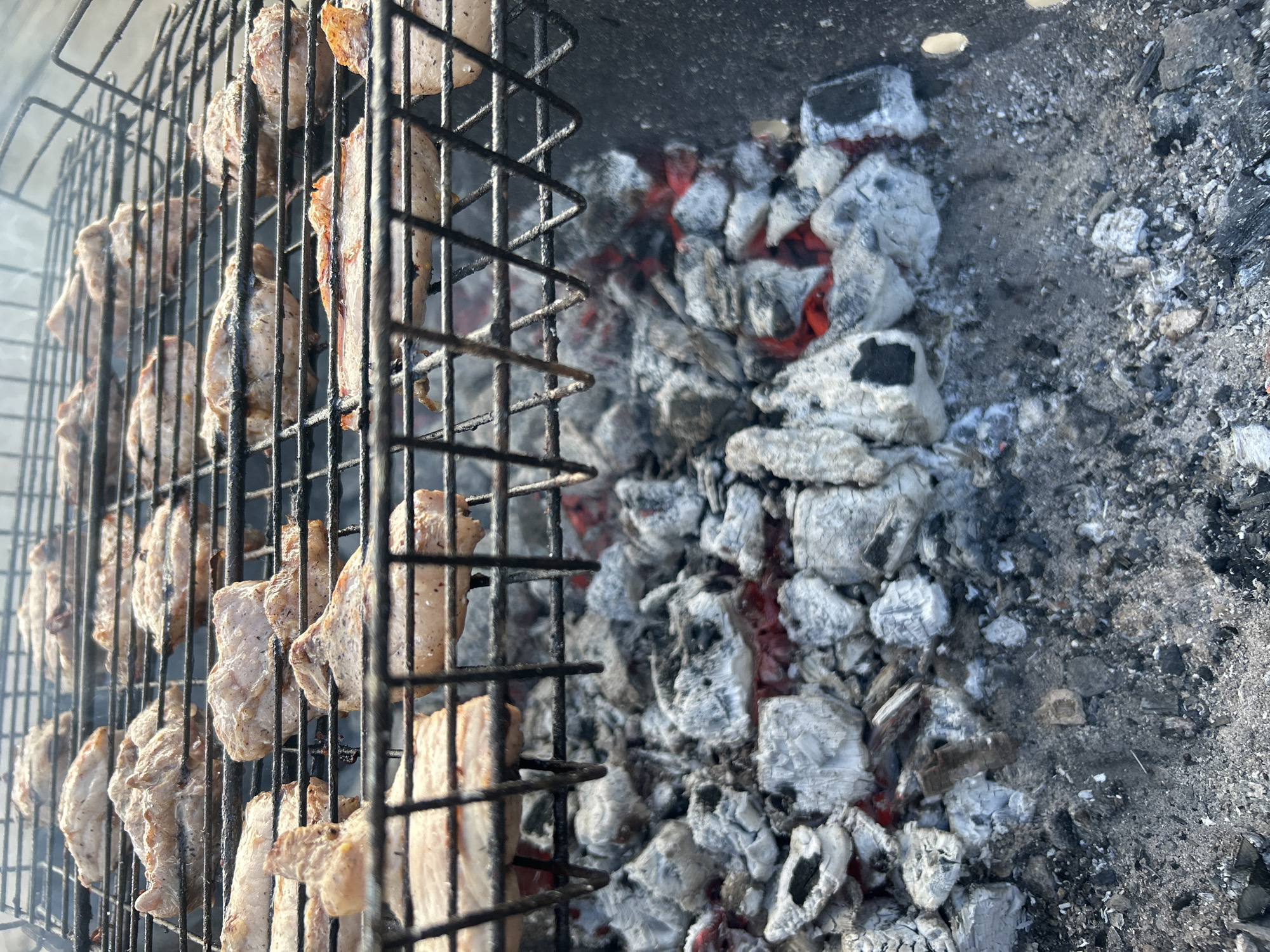 The image shows a close-up of a barbecue grill with pieces of meat cooking over hot coals. The grill is made of black metal and is positioned above a bed of grayish-white coals, some of which are still glowing red. The meat pieces vary in size and shape, appearing light in color and slightly browned in places. The background consists of ash and residue from the burned fuel. No specific landmarks indicate the location in Chaikovsky, Russia, but the scene suggests an outdoor cooking activity.