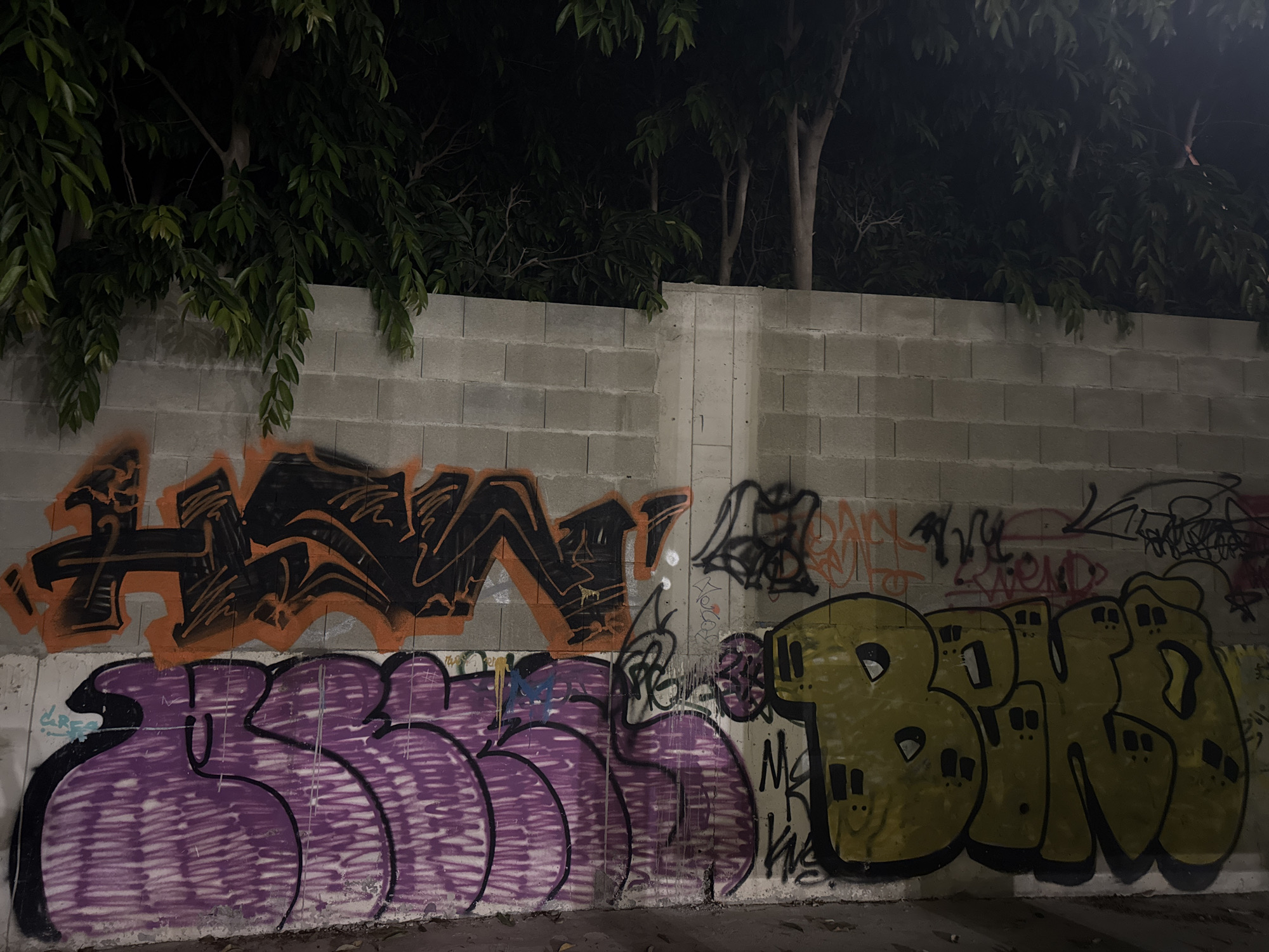 The image shows a concrete block wall in Germasogeia Municipality, Cyprus, covered in graffiti. The graffiti consists of several tags and pieces in various colors, including orange, black, purple, and yellow. Trees with green foliage are visible behind and above the wall, casting shadows. The lighting suggests it is nighttime. The ground in front of the wall appears to be asphalt or dirt, with some fallen leaves.