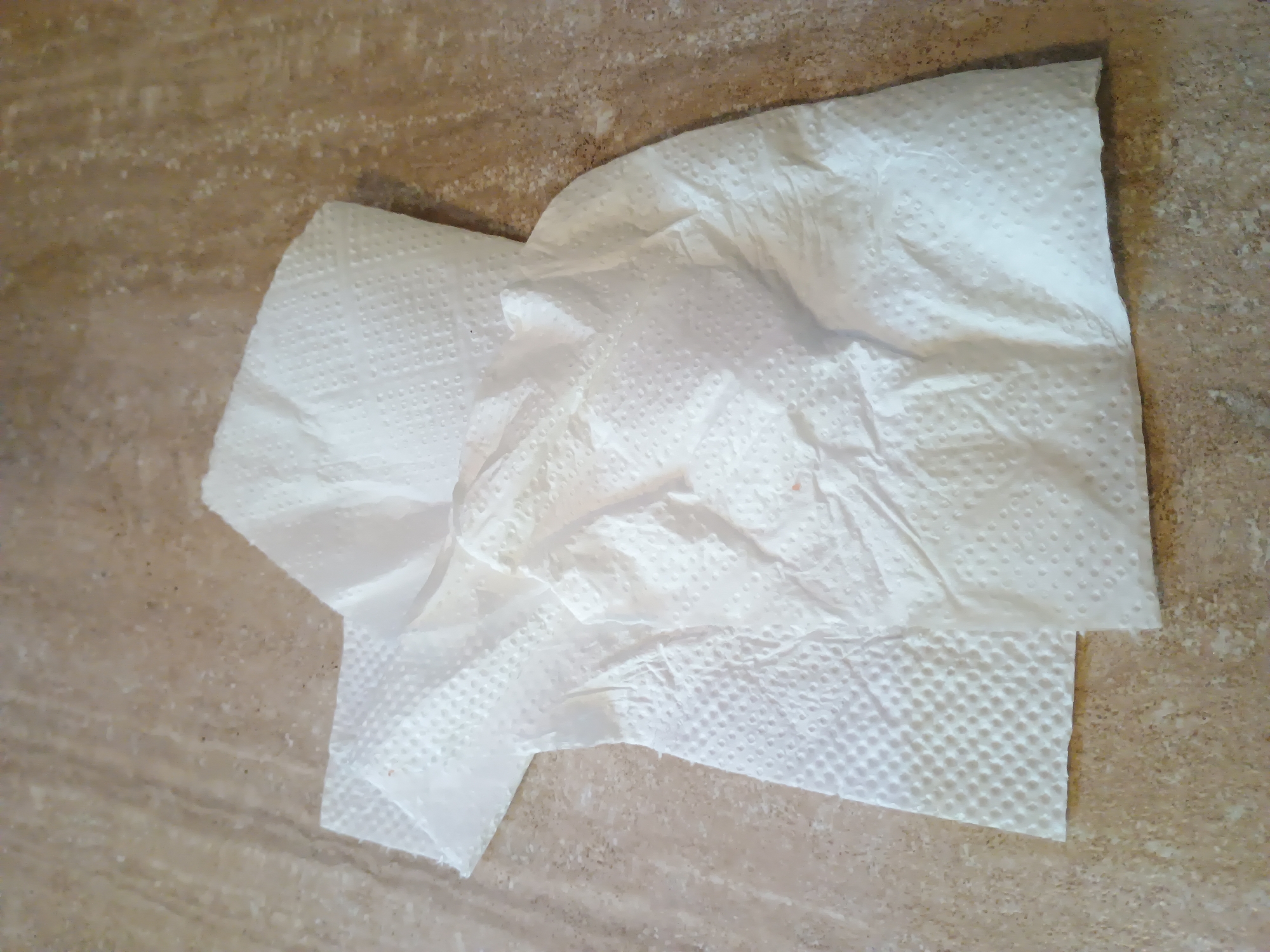 The image shows two white paper towels, crumpled and layered on a textured, speckled surface that appears to be a countertop or table. The paper towels are the primary subjects, with visible indentations and folds indicating they have been used. The background surface is a neutral, earthy tone with darker speckles. The lighting suggests an indoor setting, possibly during daylight hours, though no windows or other external light sources are visible. The scene is static, with no discernible activity or event taking place. There is no visible text in the image. The overall impression is one of a simple, everyday item placed on a functional surface.