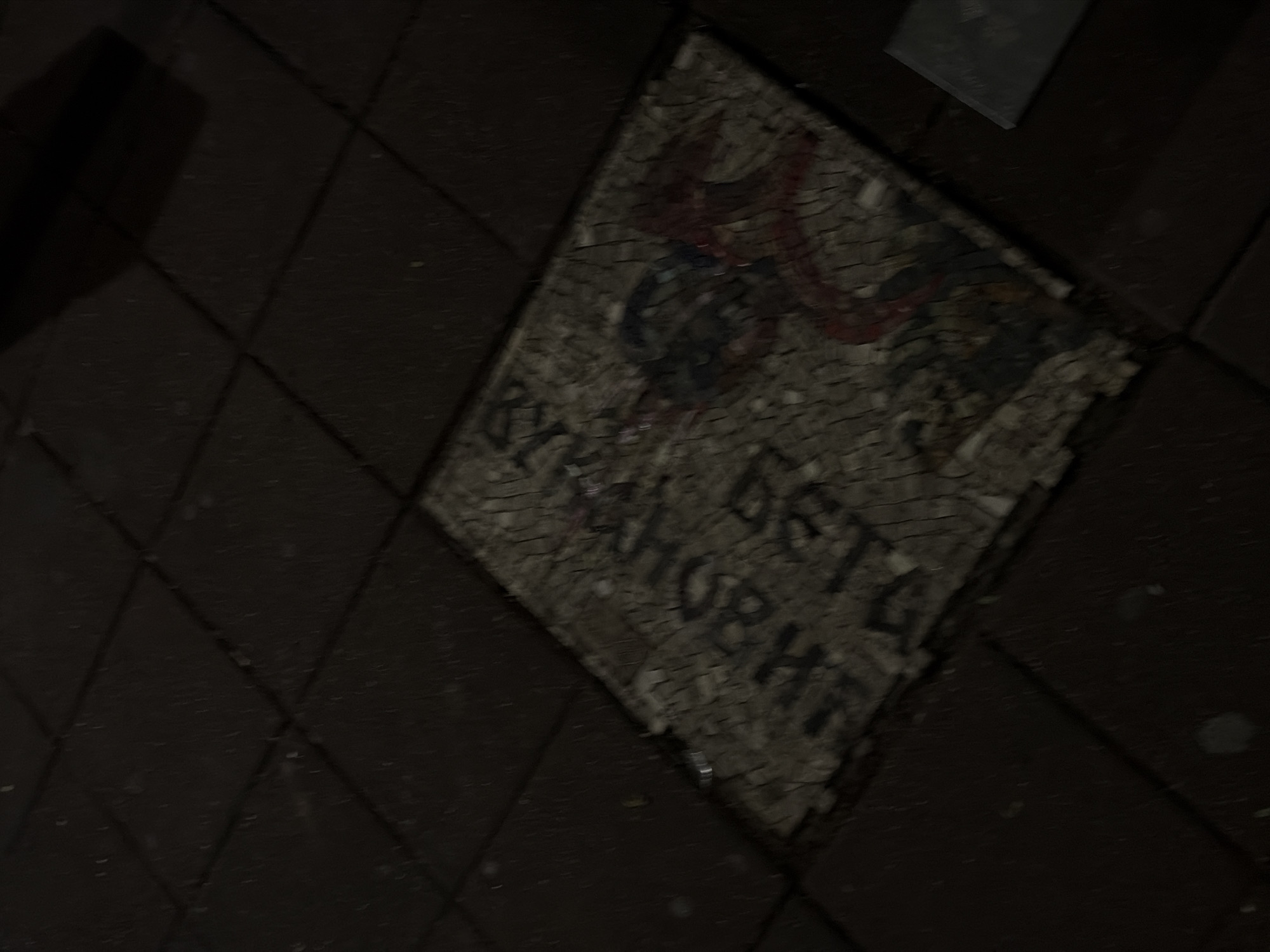 A mosaic inlay in the pavement of a pedestrian walkway contains illegible text in a dark font and a faded image of a stylized figure with red accents. The mosaic is set into dark, square paving stones. The image is dark and blurry, suggesting it was taken at night or in low light conditions. The overall scene depicts a section of a public urban space.