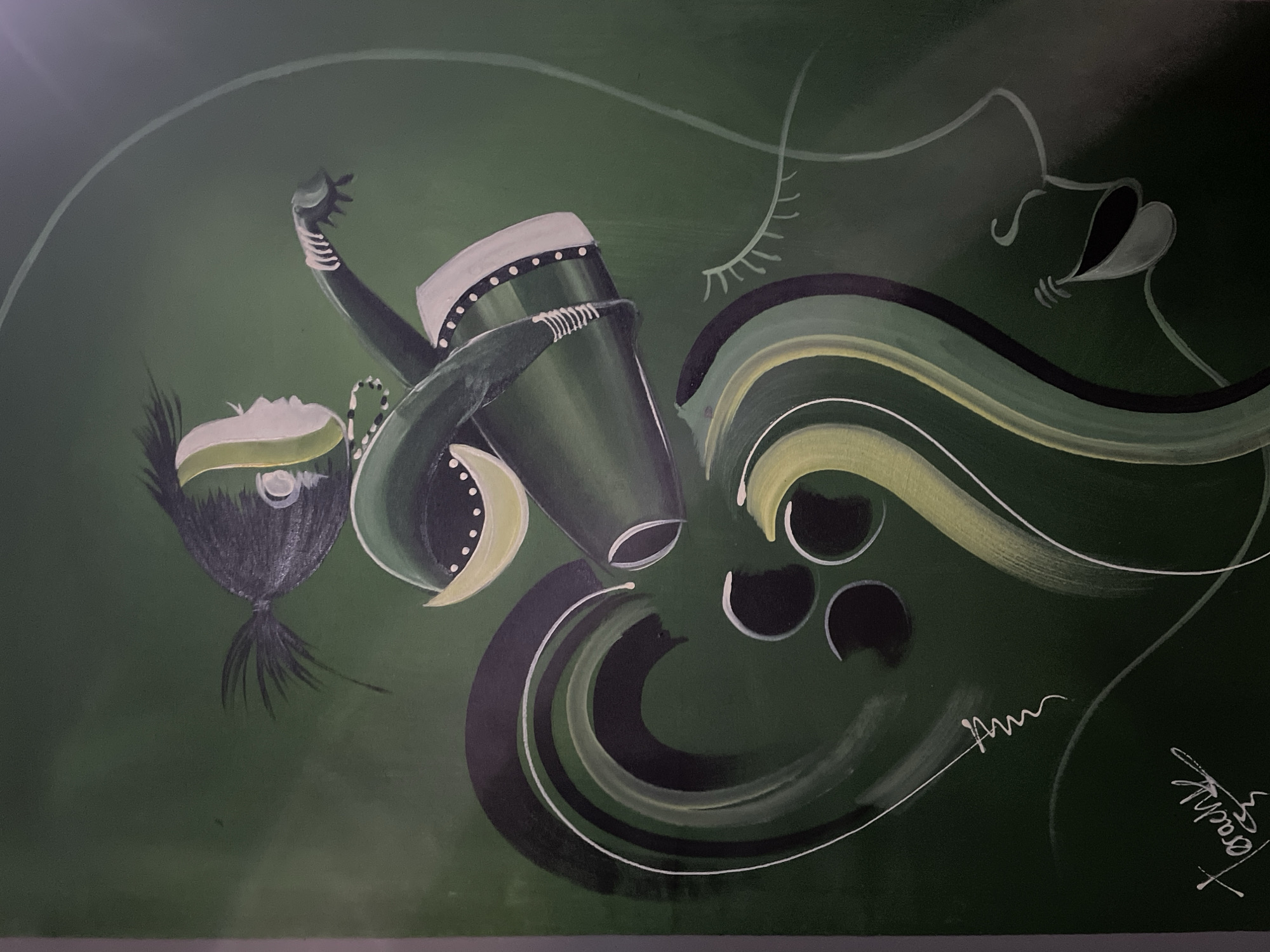 This is a painting on a canvas with a dark green background. The painting depicts a stylized figure that appears to be a woman with dark hair pulled back in a ponytail. She is wearing a green garment with white trim and decorative dots. Her body is curved, and she has one arm extended. Swirling lines in dark green, black, and white emanate from her lower body, forming a large, abstract shape that resembles a heart or a flowing skirt. There are also three black circles with white outlines within this shape. To the right of the figure, a minimalist outline of a face in profile is visible, with an open mouth and closed eyes with eyelashes. The artist's signature, "Torach'k," is located in the bottom left corner of the painting. The painting is not located in the city of Kurunduma, Nigeria.