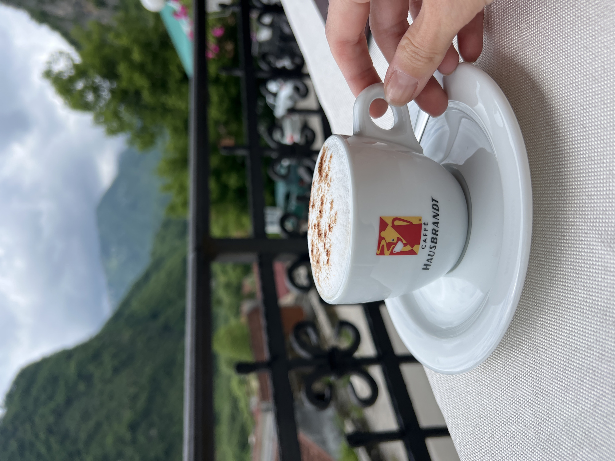 A close-up photograph depicts a hand gently holding the handle of a white ceramic coffee cup, resting on a matching saucer. The cup is placed on a light-colored, textured tablecloth. The beverage inside the cup features a creamy foam topping, lightly sprinkled with a brown powder, likely cinnamon or cocoa.
The side of the coffee cup prominently displays the brand name "CAFFÈ HAUSBRANDT" in black lettering, along with a distinctive red and yellow logo. This logo appears to be a stylized illustration of a figure, possibly a barista or a person enjoying coffee.
The setting is an outdoor area, likely a balcony or terrace, offering a scenic panoramic view. A black wrought-iron railing runs across the mid-ground, separating the table from the distant landscape. Beyond the railing, a vast, lush green mountainous terrain is visible under an overcast sky. Clouds are present, suggesting a cloudy or partly cloudy daytime. The image conveys a sense of tranquility, enjoying a coffee amidst a picturesque natural backdrop in Šavnik, Montenegro.