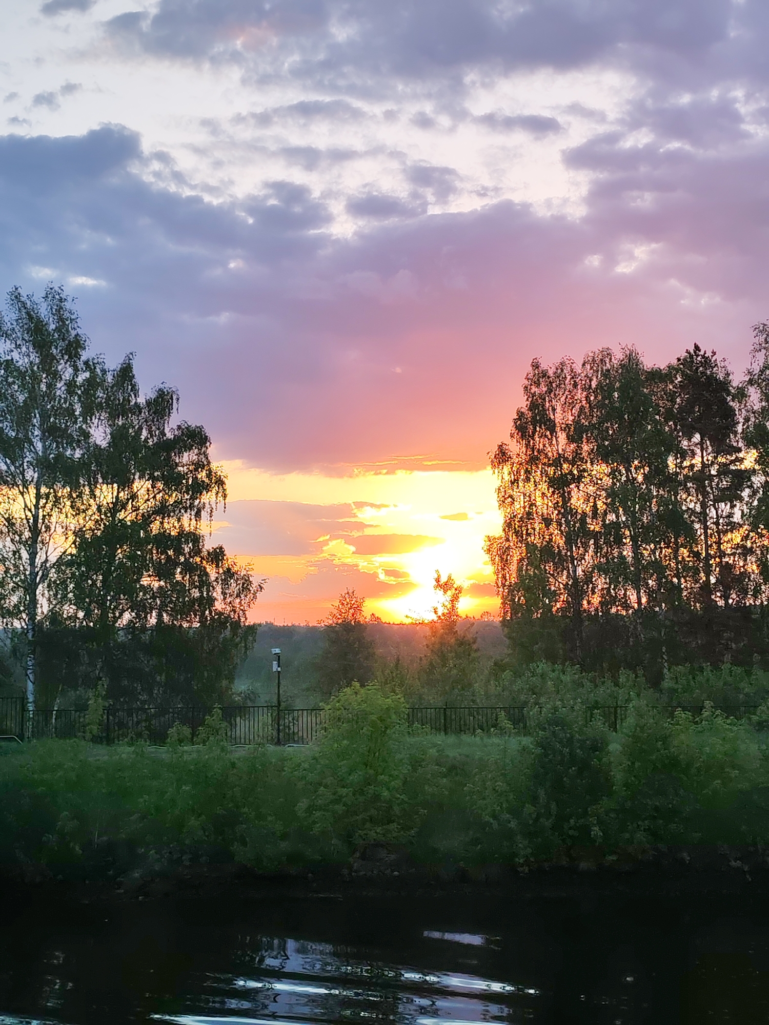 The image depicts a sunset in Орево, Russia. The sky is a gradient of colors, transitioning from light blues and purples near the top to vibrant oranges and yellows near the horizon. Clouds are scattered throughout the sky. Silhouetted trees frame the sunset, with foliage along the bottom. A dark body of water is in the foreground, reflecting the colors of the sky. A fence runs along the edge of the vegetation.