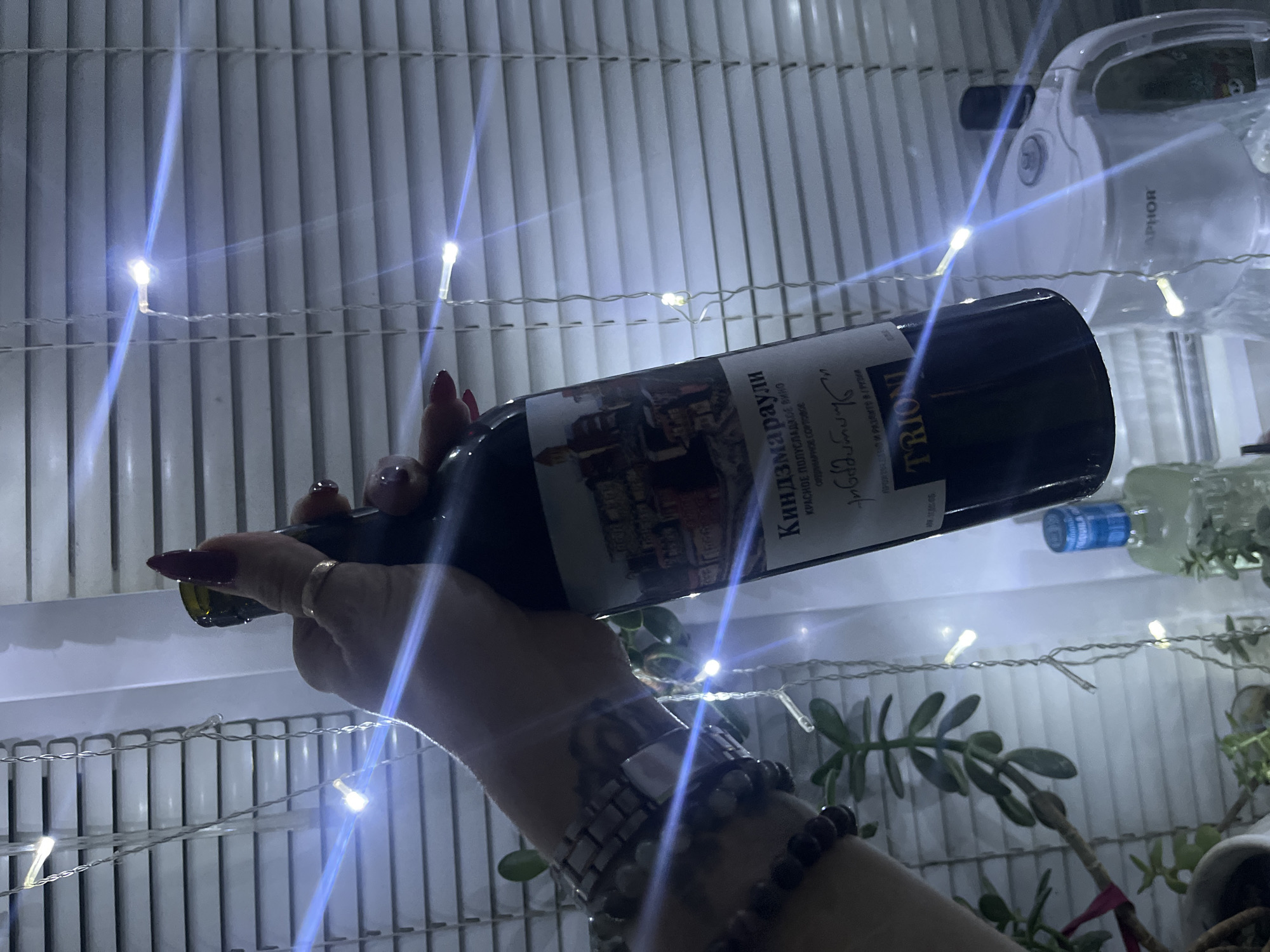 A person's hand, adorned with long, red-painted fingernails and a gold ring, holds a dark glass bottle of wine. The label on the bottle is mostly illegible but appears to feature an illustration of buildings and text in what looks like a Cyrillic script. The background consists of white blinds with a string of small, illuminated lights draped across them. In the lower portion of the image, a partially visible bottle of what appears to be light-colored alcohol with a blue cap and a white water filter pitcher are present. The setting suggests an indoor environment, possibly a home, with a plant visible in the lower left corner.
