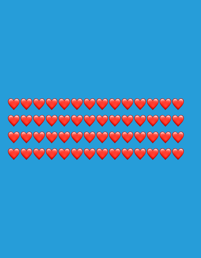 The image displays a pattern of red heart emojis arranged in horizontal rows against a solid blue background. There are five rows of hearts, with each row containing twelve hearts. The hearts are evenly spaced within each row and the rows are also evenly spaced vertically. There are no people, objects, actions, or interactions depicted in the image. The setting is a plain, abstract background with no discernible location, city, or environment, and therefore cannot be specified as Moscow, Russia.