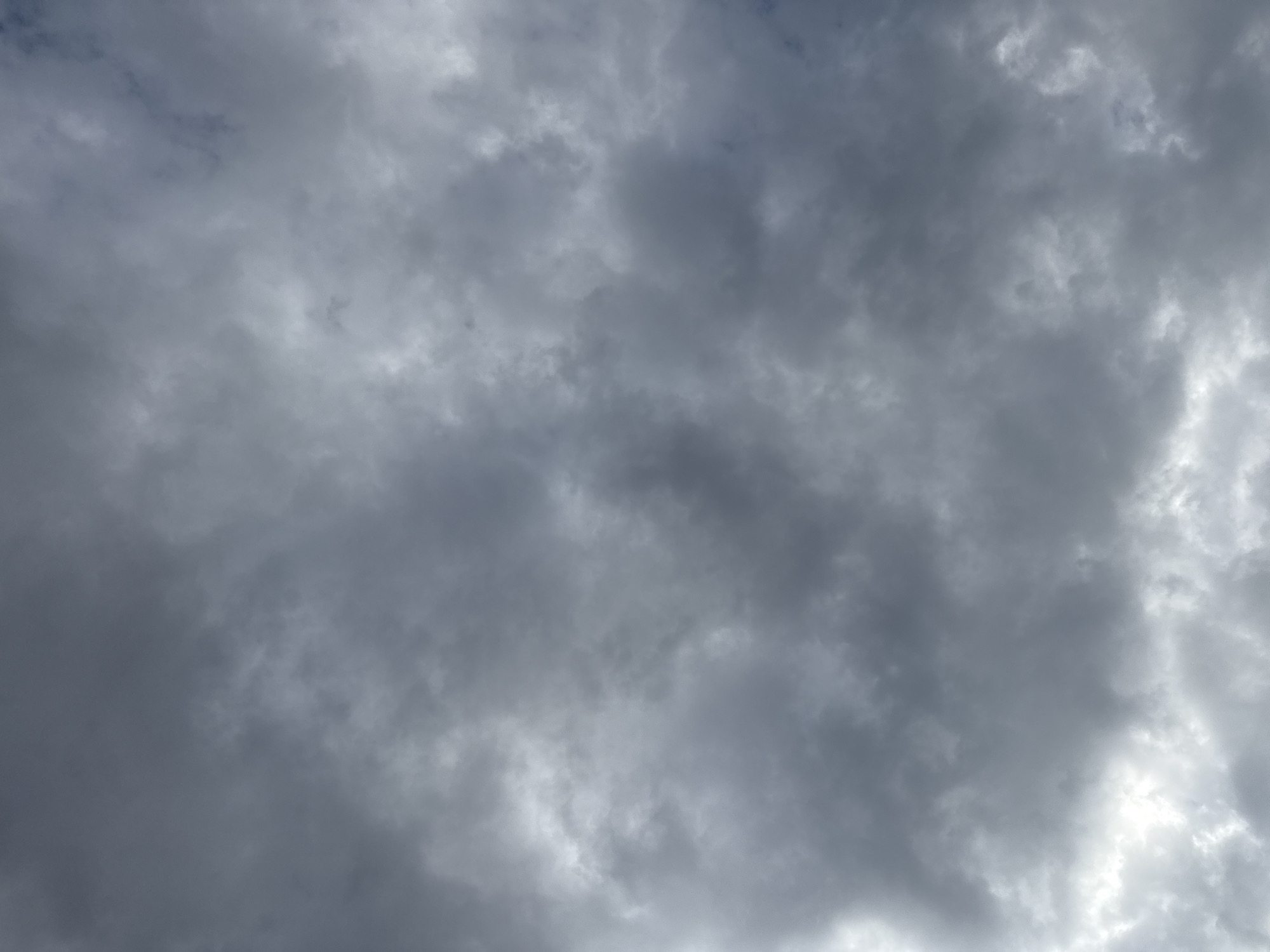 The image shows a view of the sky filled with dark, gray clouds. The clouds are dense and cover most of the frame. There are varying shades of gray, with some areas appearing almost black. The clouds are illuminated by a diffuse, unseen light source from the lower right corner of the image. No buildings, people, or objects are visible in the image, suggesting it is a sky-only shot. The location in Puebla, Mexico, is not directly verifiable from the image content alone.