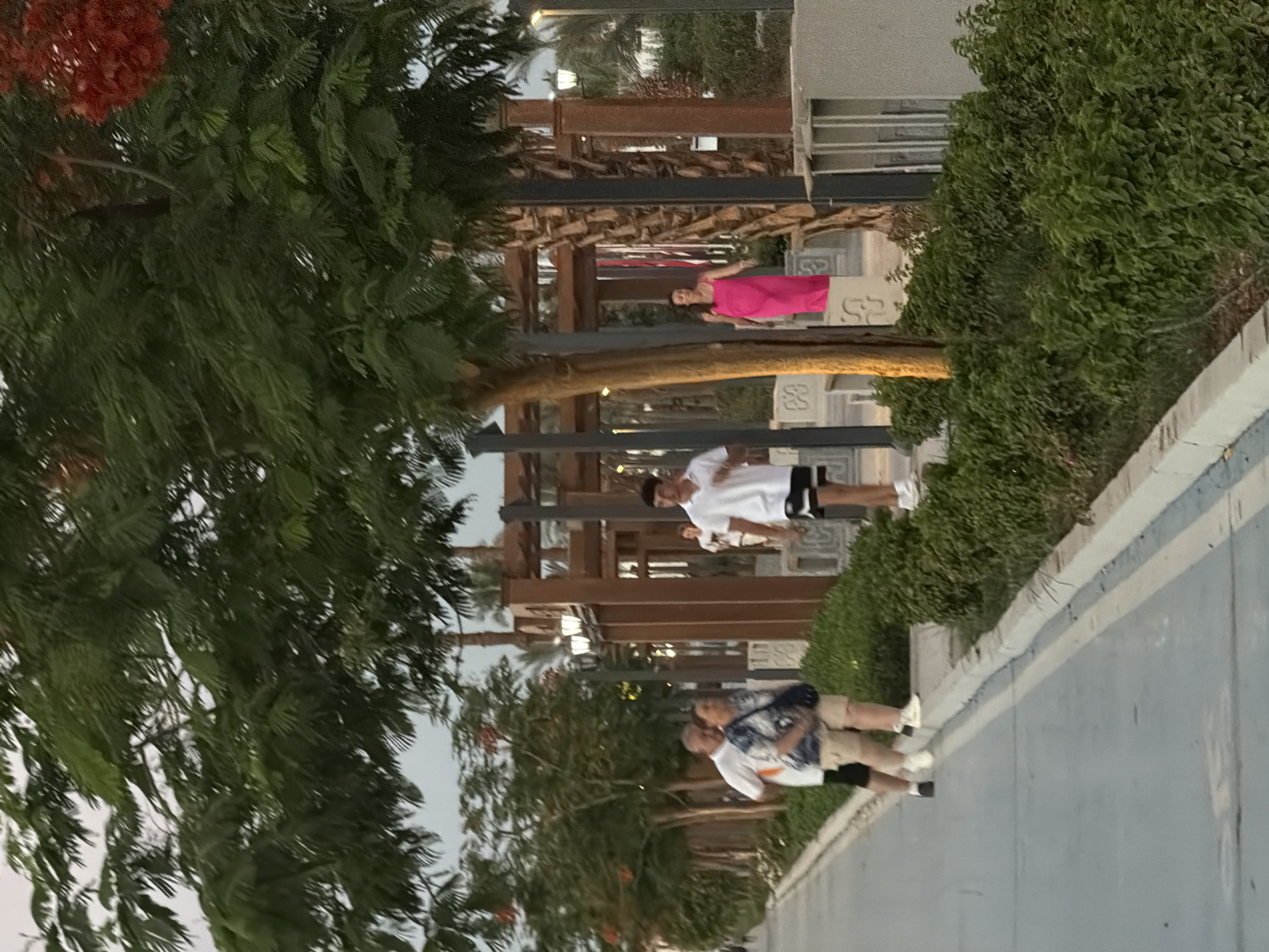 The image depicts a daytime scene in Sharm El Sheikh, Egypt, likely within a public walkway or promenade. In the foreground, a paved pathway with a white concrete curb runs from left to right, bordered by lush green bushes. Several people are visible walking along the pathway. On the left, a couple walks away from the camera. The man is wearing a white polo shirt and black shorts, while the woman is wearing a blue and white patterned shirt and tan shorts, with a dark bag slung over her shoulder. Further ahead, a young man in a white t-shirt and black shorts walks towards the camera, with a slight smile. To the right of him, a woman in a bright pink dress walks towards the camera. In the background, there are wooden structures with decorative metalwork, lampposts, and palm trees, suggesting a resort or entertainment area. The overall lighting indicates it is either early morning or late afternoon, with soft, diffused light. The foliage suggests a warm climate.