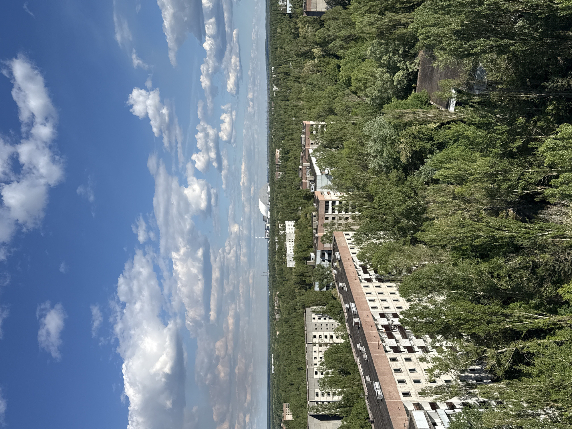 The image depicts an aerial view of Prypiat, Ukraine, with a clear blue sky and scattered clouds in the upper left portion. The scene is dominated by abandoned, multi-story buildings overtaken by vegetation, primarily trees, suggesting a state of decay and disuse. In the distance, the Chernobyl Nuclear Power Plant is visible. The environment is characterized by the encroachment of nature upon urban infrastructure. There is no evidence of human presence.
