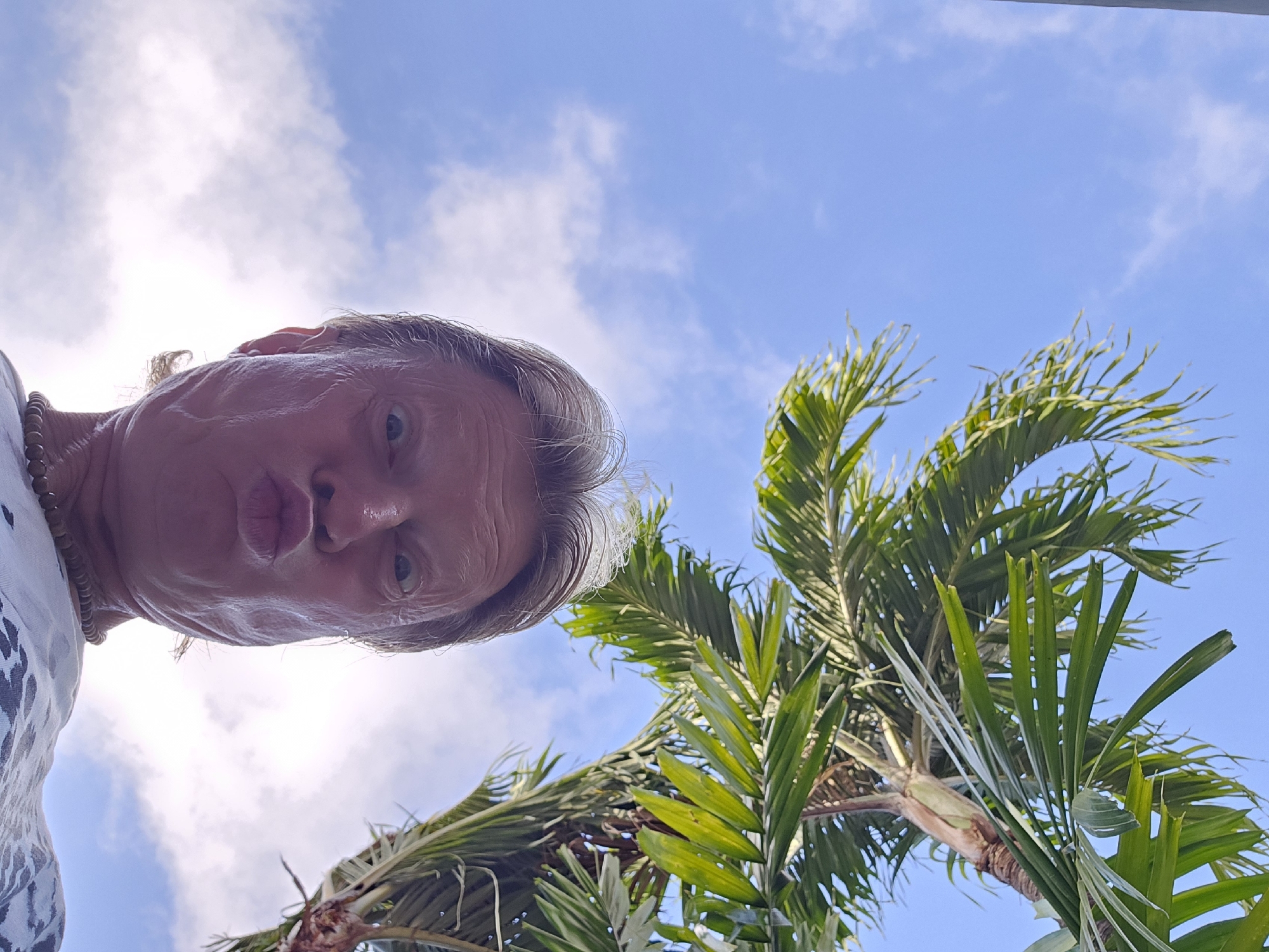 A low-angle, upward-facing shot shows a person with light-colored hair, puckering their lips and looking directly at the camera. The person is wearing a white t-shirt with a dark pattern and a beaded necklace. Behind the person, a palm tree with green fronds extends into a blue sky with scattered white clouds. The lighting suggests an outdoor setting, possibly during the day. The image does not contain any visual cues that can confirm the location as Denpasar, Indonesia.