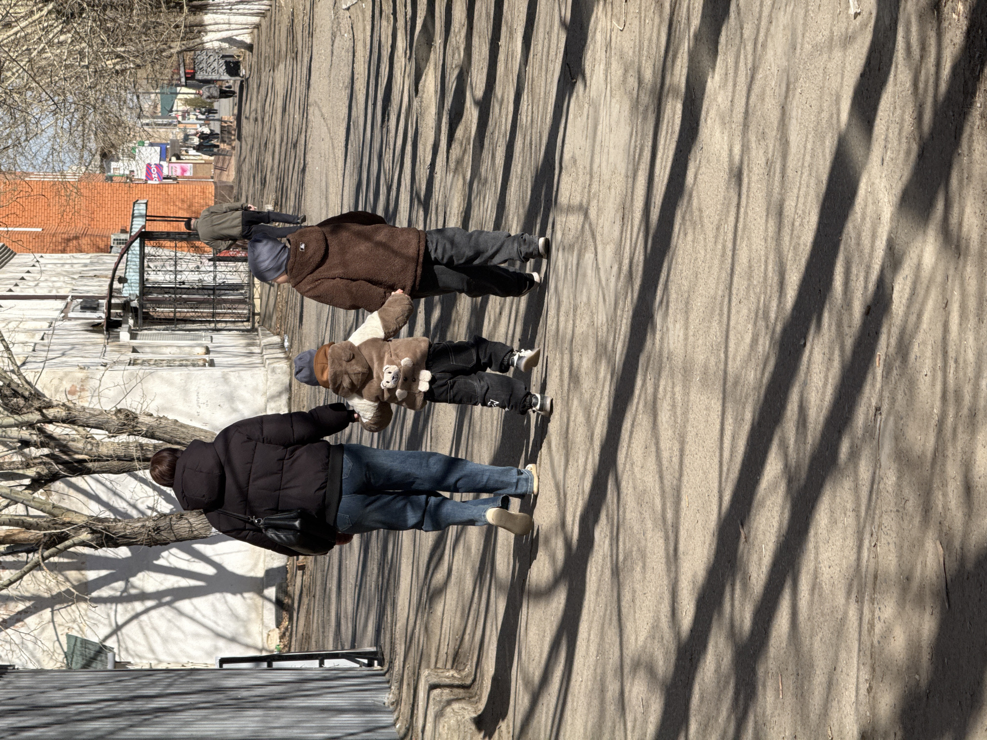 The image, originally rotated ninety degrees clockwise, shows three individuals walking along a sunny outdoor path. In the foreground, an adult female is seen from behind, wearing a black puffer jacket, blue jeans, and light-colored shoes, with a black shoulder bag slung over her shoulder. Ahead of her is a child, also viewed from the back, dressed in a light brown fluffy jacket featuring a teddy bear design, dark pants, and light shoes, with a dark cap. Further along the path walks another adult, wearing a dark brown fluffy jacket, dark pants, and light shoes, also with a dark cap.
The path itself is unpaved or dirt, with long, distinct shadows from bare-branched trees stretching across it, indicating bright sunshine and either morning or late afternoon. Along the left side of the path, several buildings are visible, including some with exposed brick and older, light-colored facades. An ornate black metal gate or fence stands in front of one of these structures. In the distance, the path appears to merge into a street where more pedestrians are visible, along with various buildings and commercial signage. One prominent sign further down the street is blue and pink and displays the text "Ozon." The scene suggests an urban or semi-urban setting on a clear day, likely in a cooler season given the attire and deciduous trees.