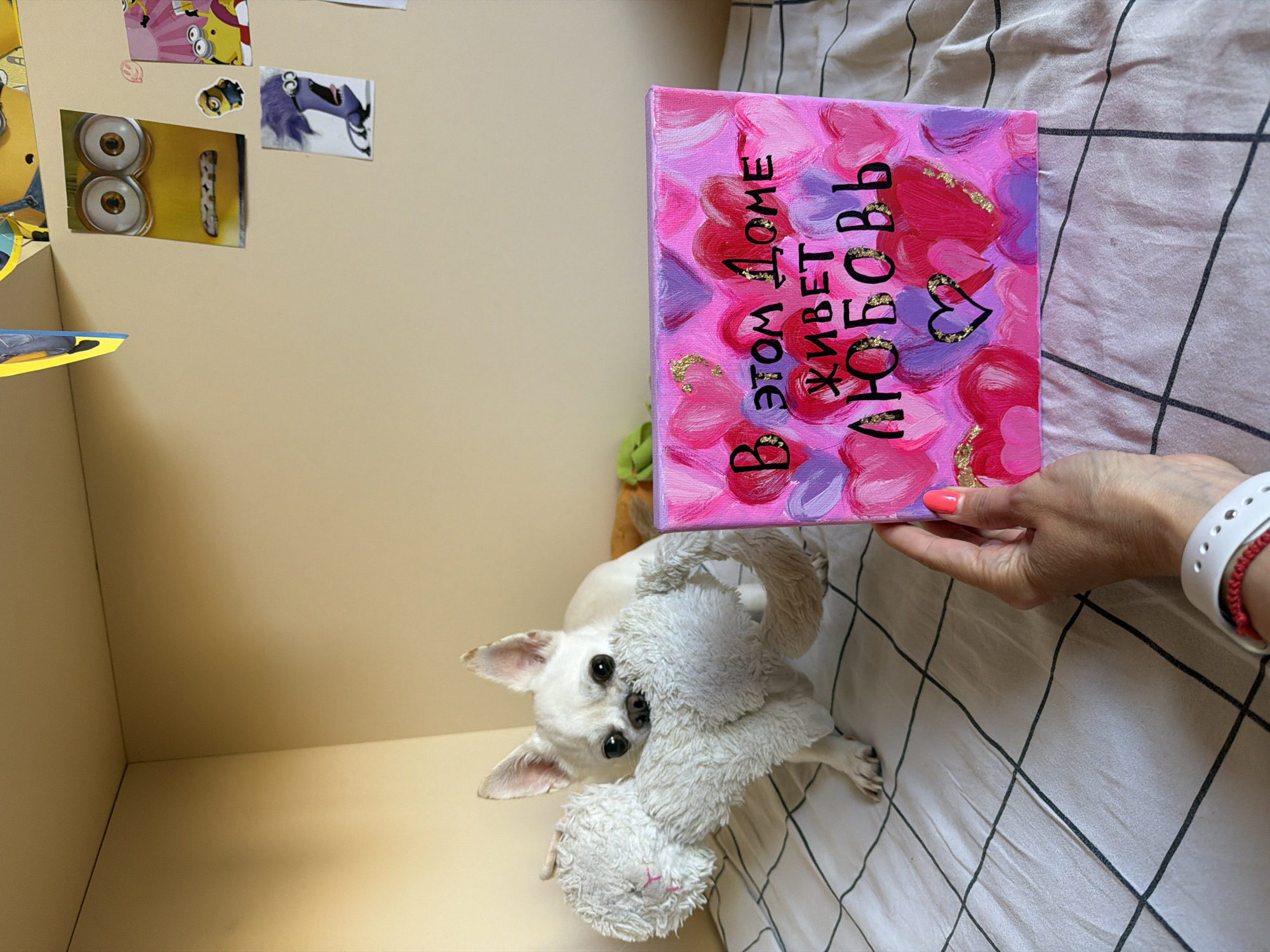 A white chihuahua is standing on a bed with a plaid comforter, holding a white stuffed toy in its mouth. A person's hand is holding a small canvas painting in front of the dog. The painting has a pink background with pink and purple hearts and gold accents. Text is painted in black on the canvas. The background of the scene is a light beige wall with several Minions-themed decorations.
