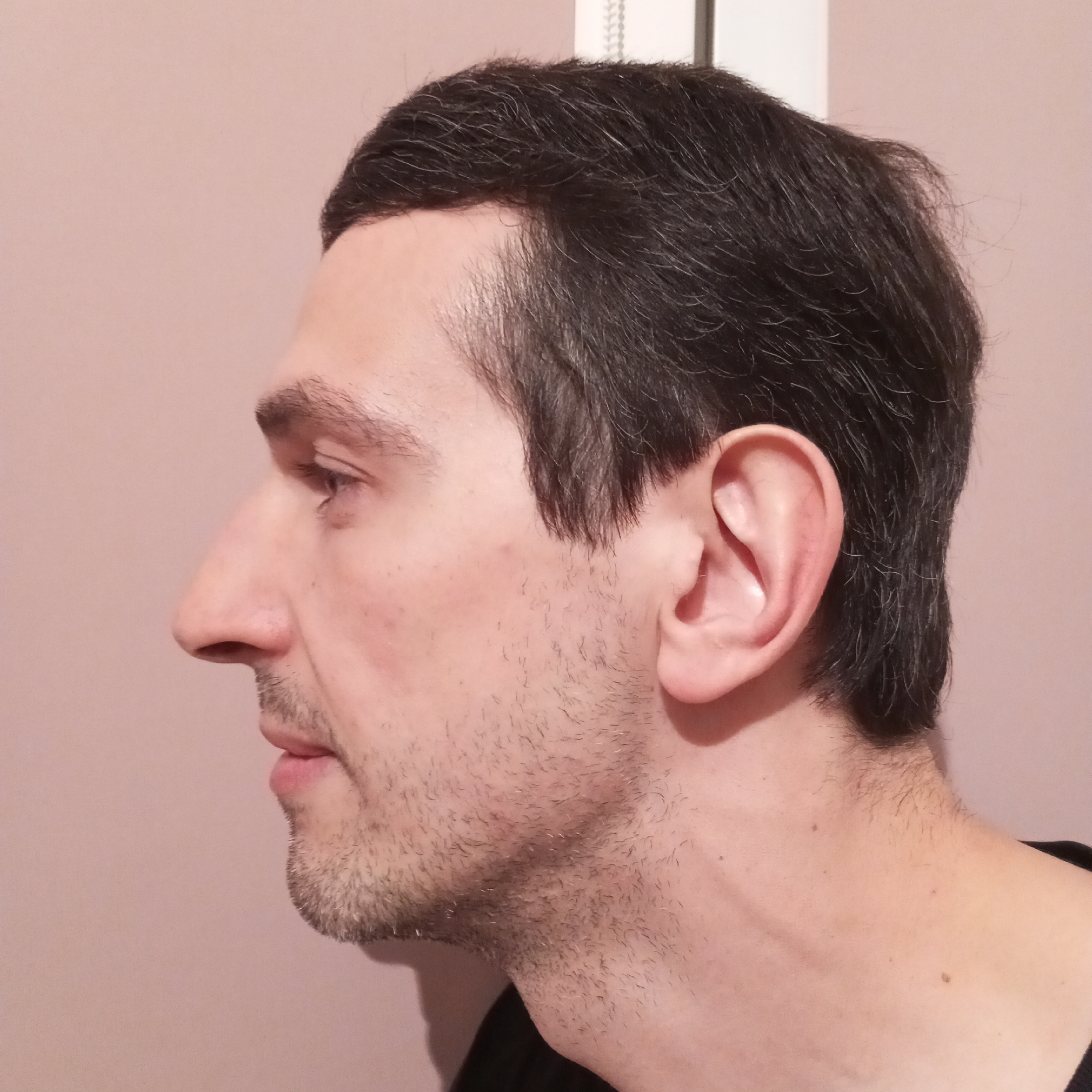 A profile view of a middle-aged man with dark hair and a receding hairline. He has a prominent nose and stubble on his face. He is wearing a dark shirt. The background is a plain, light-colored wall. No information is available regarding the city of Pervomaysky, Russia.