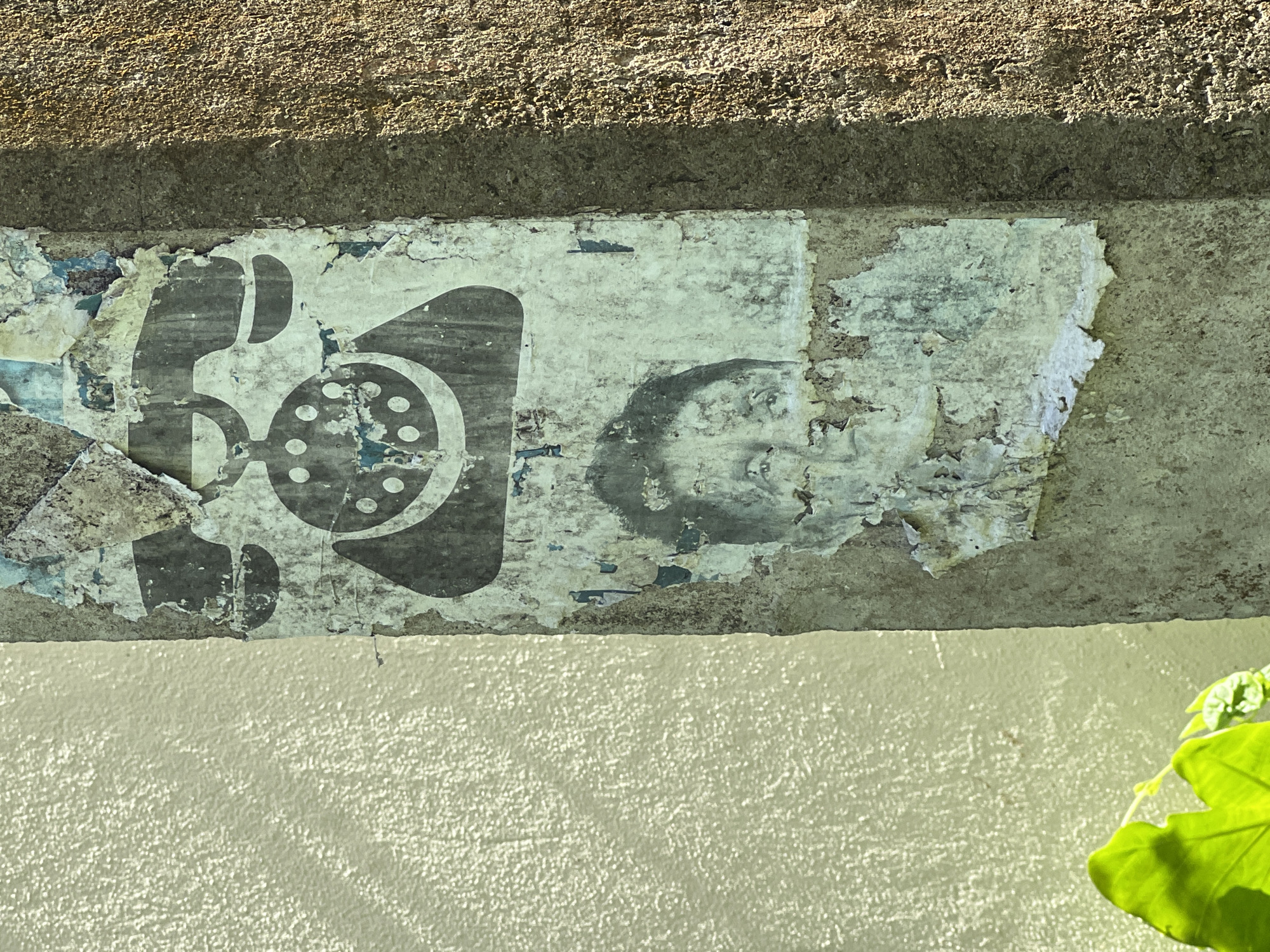 The image displays a close-up of a severely weathered and peeling poster affixed to a rough concrete surface. The poster, predominantly light grey and white, features a prominent black silhouette of a vintage telephone. The telephone design includes an old-fashioned handset on the left and a circular dial pad with multiple dots, representing numbers, on the right. To the right of the telephone, a very faint and deteriorated dark silhouette, possibly a human face or head, is partially visible amidst the damaged paper.
The concrete surface holding the poster is positioned between two other distinct layers. Above it, a darker, coarse-textured concrete wall or beam casts a deep, horizontal shadow over the top portion of the poster. Below the poster, a smooth, lighter-colored (beige or off-white) wall reflects bright sunlight, creating a clear boundary.
The strong contrast between illuminated and shadowed areas suggests bright, direct sunlight, indicating a clear, sunny day, likely mid-day or afternoon. In the bottom right corner of the frame, a few vibrant green leaves from an unseen plant are partially visible, introducing a natural element to the otherwise urban and artificial textures. There is no legible text on the poster or surrounding surfaces. The scene captures a moment of urban decay, highlighting the textures and layers of an aged environment.