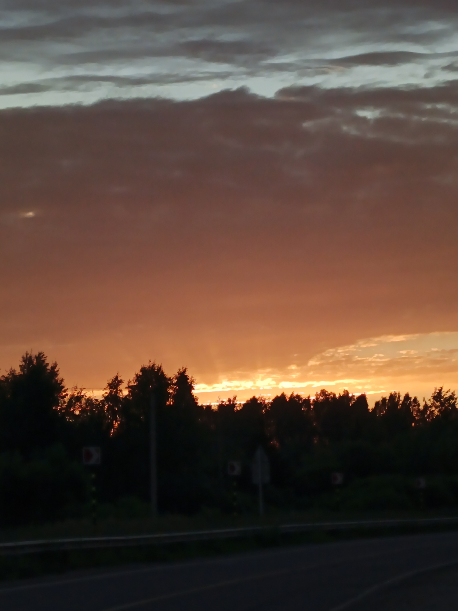 The image depicts a sunset over a rural or semi-rural landscape, possibly near Воскресенское, Russia. The sky is dominated by a vibrant orange hue, transitioning to lighter tones of yellow and a faint blue at the top. Clouds are present, some appearing wispy and others more textured, with the setting sun's light illuminating their undersides. Silhouetted against the colorful sky is a dense line of dark trees. In the foreground, a dark road or highway is visible, with what appears to be a guardrail. There are also a few indistinct signs along the side of the road, one of which shows a red and white circular warning symbol with an arrow indicating a curve. The overall impression is one of twilight settling over a natural setting, possibly a roadside view.