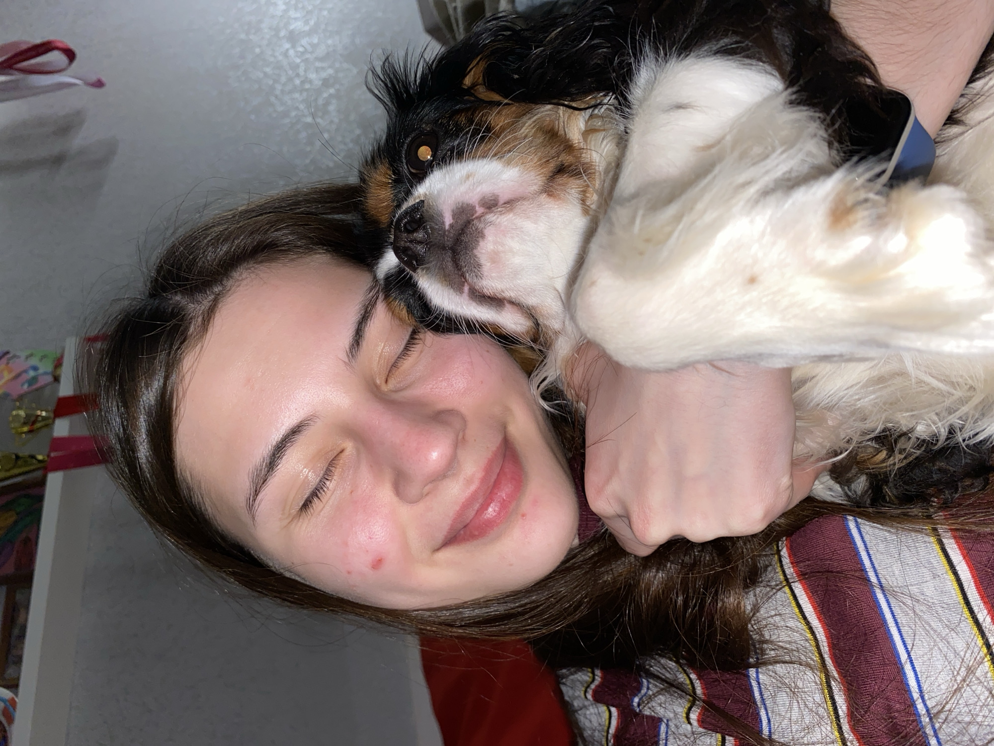 A young woman is captured in a close-up, intimate moment with a tricolored dog, likely indoors in Votkinsk, Russia. The woman, with long dark brown hair, is seen from a slightly elevated perspective, her eyes gently closed and a soft, content smile on her lips, suggesting peace and affection. A small red mark is visible on her left cheek.
Her companion, a small dog with black, white, and tan markings, is nestled very close to her face, appearing to nuzzle her cheek or neck. The dog's amber eye is partially visible, along with its snout and whiskers, pressed against the woman. One of the dog's fluffy paws rests near the woman's shoulder or arm, and a dark blue wristband, possibly from a smartwatch, is faintly visible on her left wrist beneath the dog's fur.
The woman is wearing a casual top with stripes in burgundy, white, blue, and yellow. The background is softly blurred, showing indistinct colorful shapes, indicating a relaxed, homely environment. The photograph conveys a strong sense of warmth, love, and bonding between the woman and her pet. No visible text is present in the image.