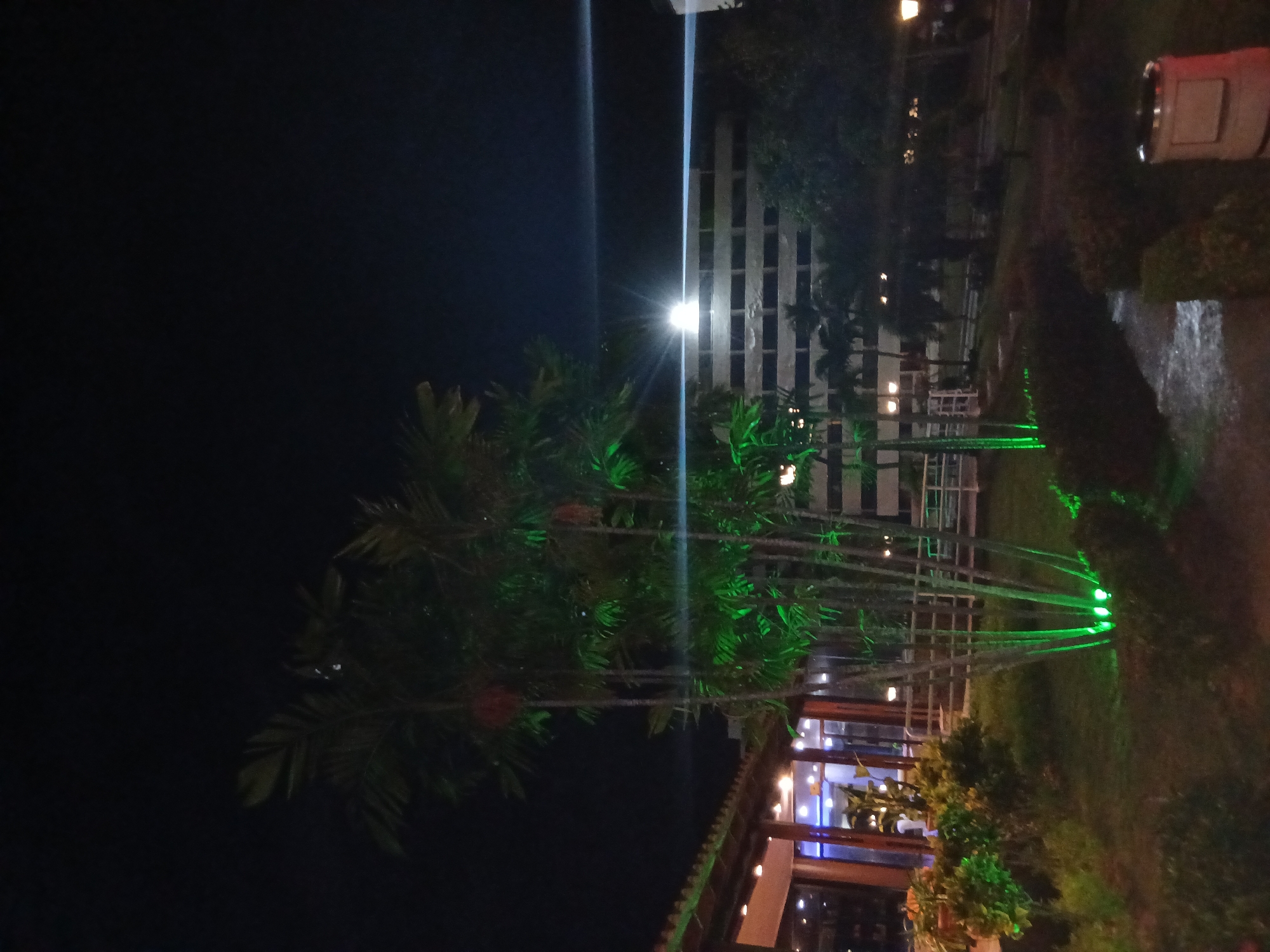 This media file captures a nighttime scene, likely an outdoor area of a resort or hotel, illuminated by various artificial lights. The image is taken at night, with a dark sky dominating the upper left portion.
The prominent subjects are several palm-like trees, centrally located and extending towards the foreground. These trees are decoratively lit with vibrant green lights, particularly at their bases and on some fronds, creating a striking visual effect. A very bright light source, possibly a streetlight or an exterior building light, is positioned to the left of the center, casting a strong vertical lens flare across the image.
In the background, a multi-story building with a grid-like structure, likely windows or balconies, is visible. Some internal lights are illuminated within this building. The foreground, at the bottom of the image, reveals what appears to be the facade of another building, possibly a restaurant or lounge area, characterized by large windows and warm interior lighting.
To the right of the illuminated trees, a grassy area is visible, with more green lights creating illuminated patterns on the ground. Further to the far right, a blurry, light-colored object resembling a garbage bin or a small outdoor fixture can be seen.
There are no people visible in the image, so no specific activity is taking place. The scene exudes a tranquil and festive ambiance, indicative of an evening setting in a tropical location. The green lighting on the trees and the architectural style suggest a leisure or hospitality environment.
No visible text is discernable within the image. Given the location context of Playa El Agua, Venezuela, the palm trees and resort-like setting are consistent with a Caribbean environment.