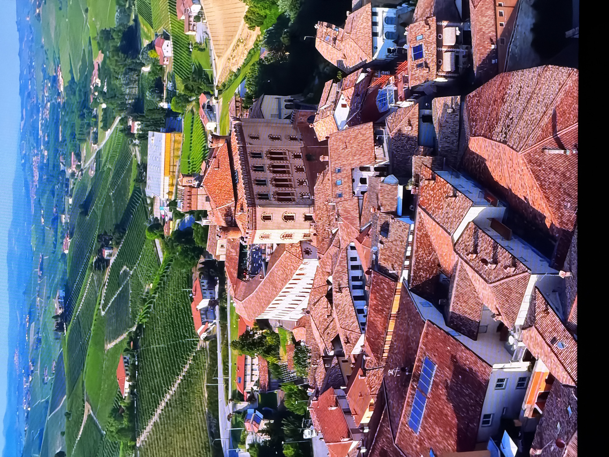 This is an aerial, high-angle shot of a village nestled in a valley surrounded by rolling green hills covered in vineyards. The village has a cluster of buildings with terracotta tile roofs. Prominently featured is a large, multi-story building with a distinct reddish-brown facade and numerous arched windows, which appears to be a castle or historic structure. In the foreground and middle ground, the roofs of residential and commercial buildings are visible, some with solar panels. The landscape extends to the horizon with more vineyards and scattered buildings. The sky is clear and blue. The scene depicts a rural European landscape. There are no people or specific actions visible. The image does not depict Chirchik, Uzbekistan.