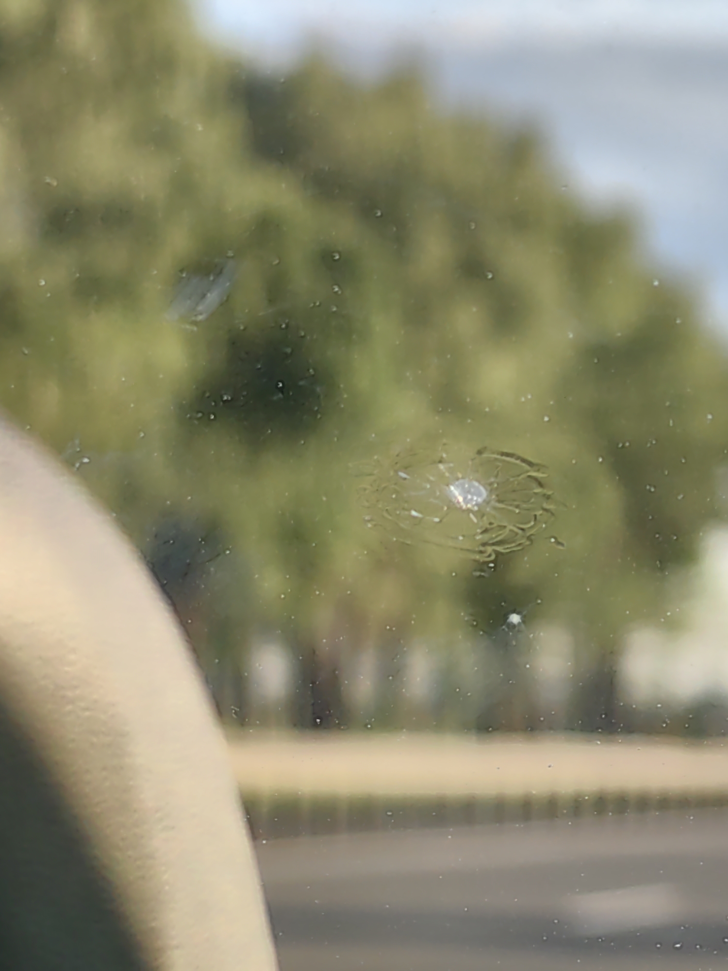 The image depicts a close-up view of a cracked windshield from inside a vehicle. The crack appears to be a starburst pattern originating from a central impact point. Through the windshield, a blurred outdoor scene is visible, characterized by green foliage, suggesting trees, and a bright sky. A portion of the vehicle's interior, likely a dashboard or pillar, is visible in the lower left corner, appearing to be light-colored and textured. The background outside the vehicle is out of focus, rendering details of the environment indistinct. No people or specific actions are discernible. The context of Дзяржынскі сельскі Савет, Belarus, is not visually evident from the provided image.