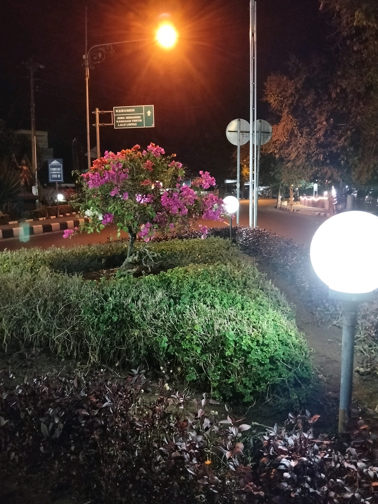 The image shows a street scene at night in Purworejo, Indonesia. A bright street lamp illuminates a sign that reads "KEBUMEN" with an arrow pointing to the right, and "ANDA MEMASUKI KAWASAN TATIS LALU LINTAS" below it. In the foreground, a flowering tree with pink and orange blossoms stands amidst lush green bushes. A spherical lamp post with a glowing white orb is also visible. A road with black and white striped markings curves to the left, and trees line the background. The scene appears to be an intersection or a traffic control point.
