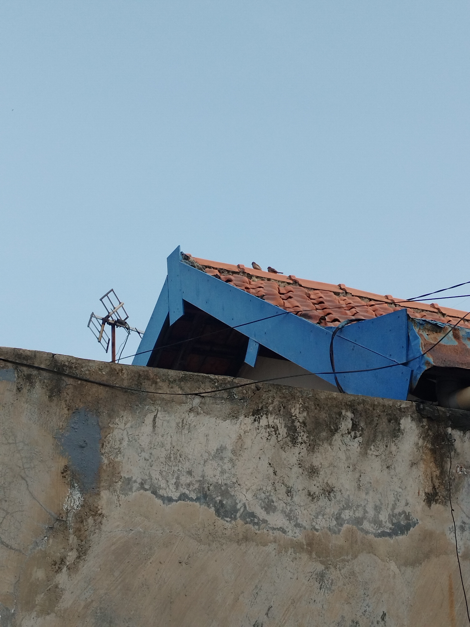 In Surabaya, Indonesia, a close-up shot captures a weathered, concrete wall in the foreground, its surface stained and cracked with patches of blue and grey paint. Above the wall, a tiled roof with terracotta tiles is partially visible, adorned with a blue, angular structure. A metal antenna stands prominently on the wall to the left, facing the sky. Two small birds are perched on the tiled roof. The scene is set against a clear, pale blue sky, suggesting an outdoor environment.