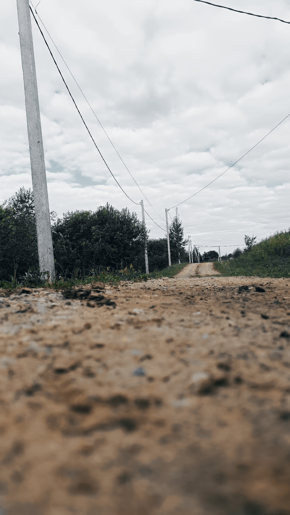 The image depicts a low-angle view of a dirt road in a rural setting, possibly in the city of Karsha, Russia. The road is lined with sparse vegetation and trees, with power lines stretching across the frame, supported by utility poles. The sky is overcast with clouds. The foreground is dominated by the rough texture of the dirt and stones on the road. The scene is devoid of people and any apparent activity.