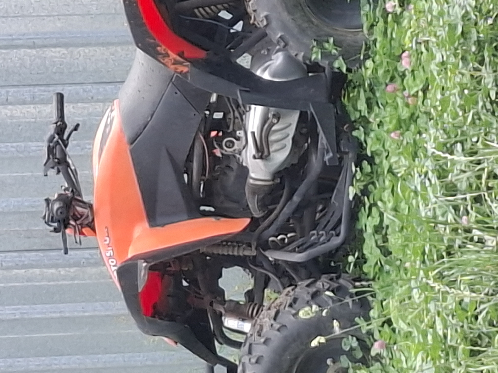 An orange and black ATV is parked in tall green clover and grass, with a corrugated metal fence in the background. The ATV is partially obscured by the vegetation. The handlebars and front section of the ATV are visible at the top of the image. The engine and suspension components are visible in the center. The wheels of the ATV are large and black with deep treads, and the front wheel is on the left side of the image while the rear wheel is on the right. There are no people or actions depicted in the image. The scene appears to be an outdoor setting in a rural or semi-rural area. The location is not specified in the image or its context, and therefore cannot be determined to be Almaty, Kazakhstan.