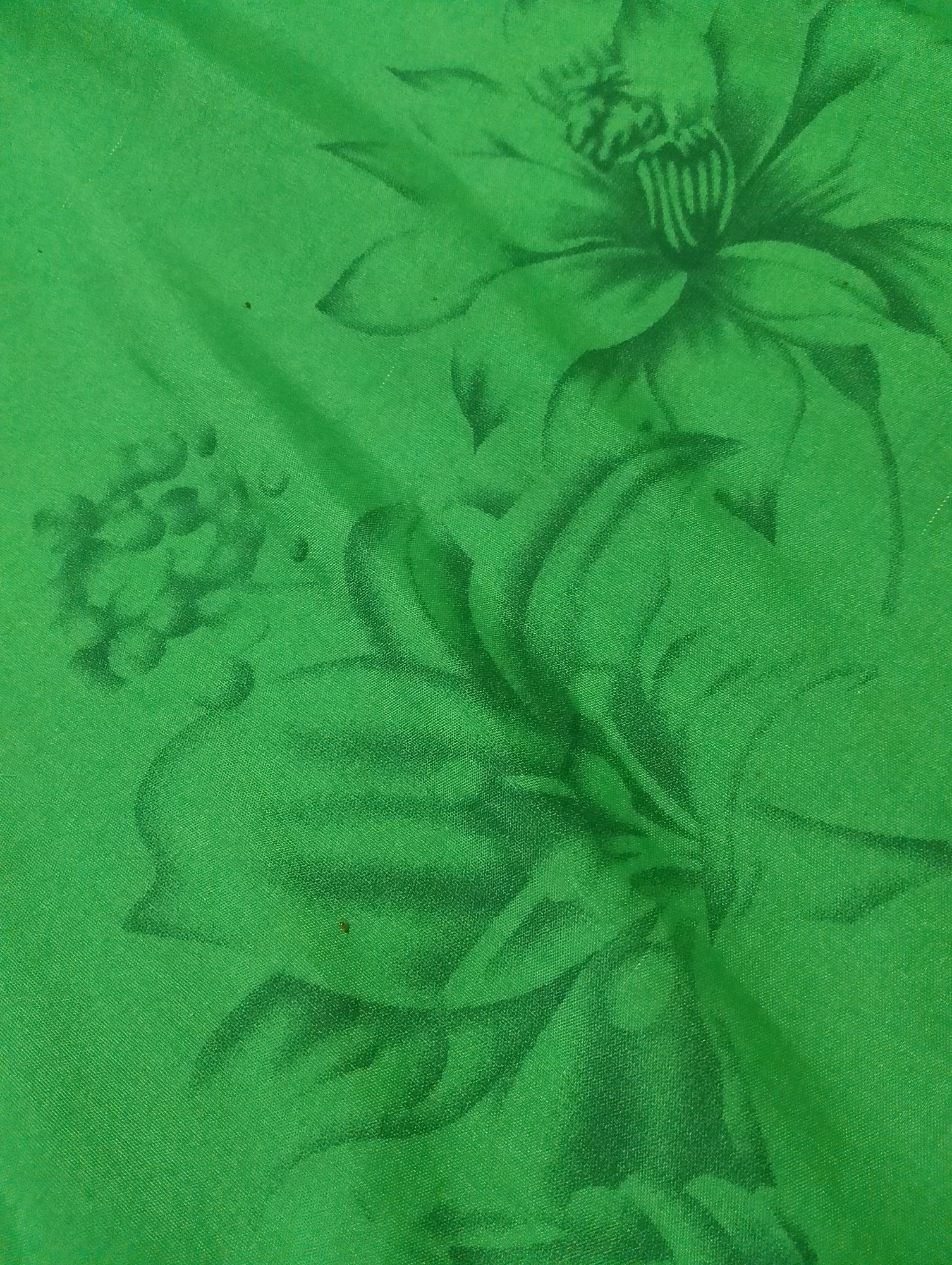 The image displays a close-up, overhead view of a green fabric with a floral pattern. The fabric appears to be silk or a similar lustrous material, with visible texture and slight creasing. The floral design consists of large, stylized flowers rendered in a darker shade of green, creating a monochromatic effect. One prominent flower is in the upper right quadrant, with its petals and stamen clearly defined. Another large flower is partially visible in the lower half of the image, along with what appears to be a cluster of smaller floral elements or leaves in the upper left. The lighting is soft, highlighting the sheen of the fabric and casting subtle shadows that emphasize the embossed or printed design. There are no people or specific landmarks visible, and no context is provided regarding its location in Rembang, Indonesia.