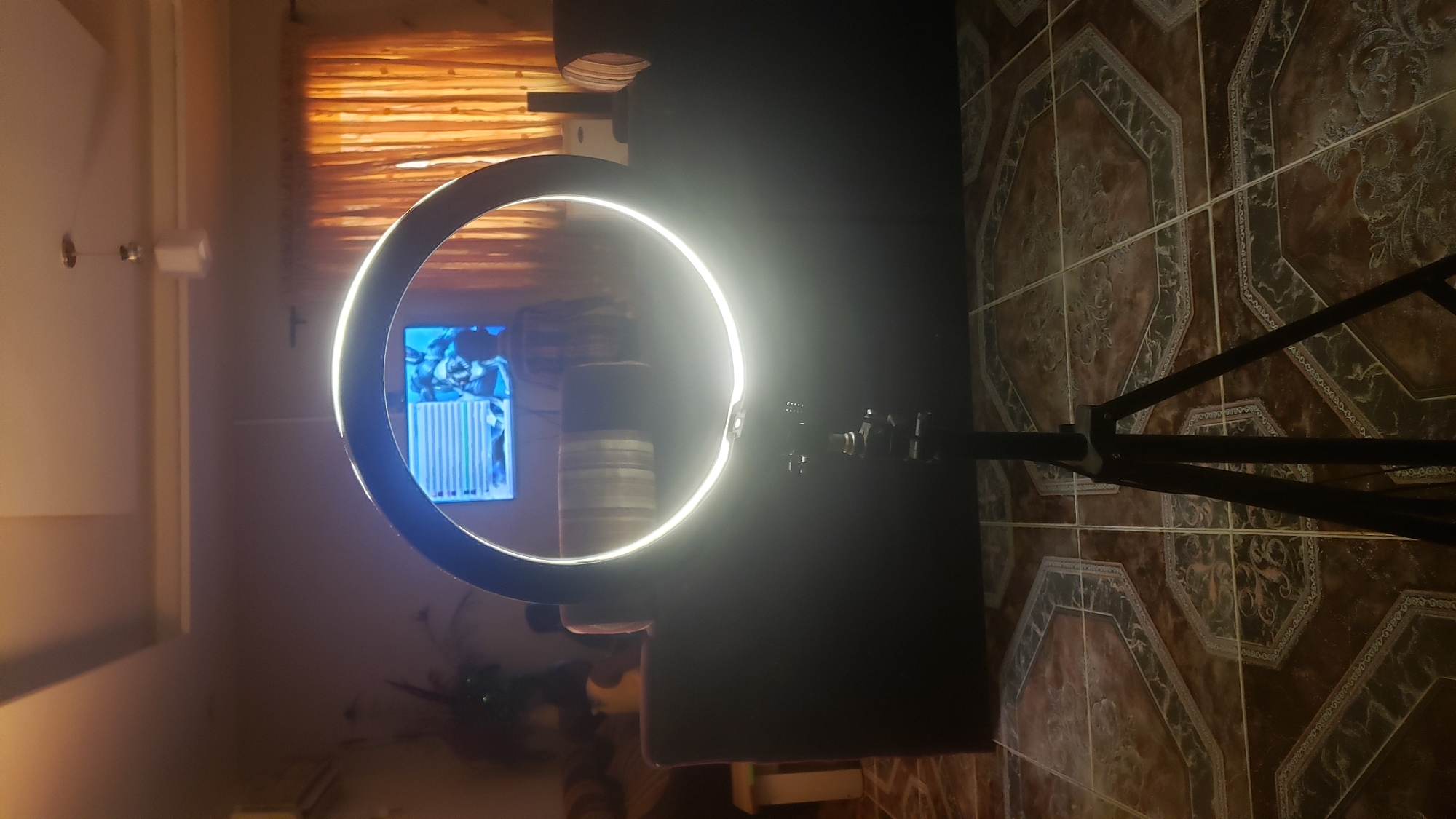The image depicts a dimly lit interior scene, likely in a residential setting in Sabon Tasha, Nigeria. A ring light on a tripod dominates the foreground, its bright illumination obscuring details behind it. A dark-colored couch sits behind the ring light. In the background, a television screen displays a graphic image. A window with blinds is visible behind the television. The floor is tiled with brown and beige patterned tiles. No people are visible.