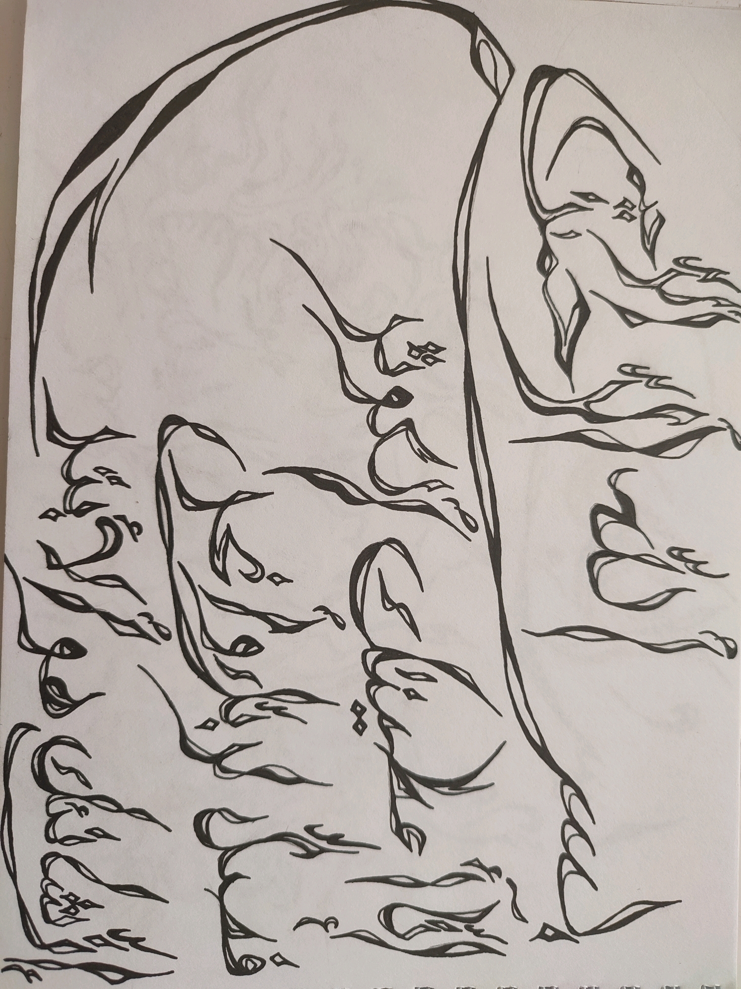 The image is a black and white line drawing on white paper. The drawing appears to be an abstract representation of an elephant, with flowing lines and curves. There are no people, objects, or environmental details that would suggest a specific location in Krasnoye Selo, Russia, or any other city. The artwork is solely composed of the stylized lines forming the elephantine figure.