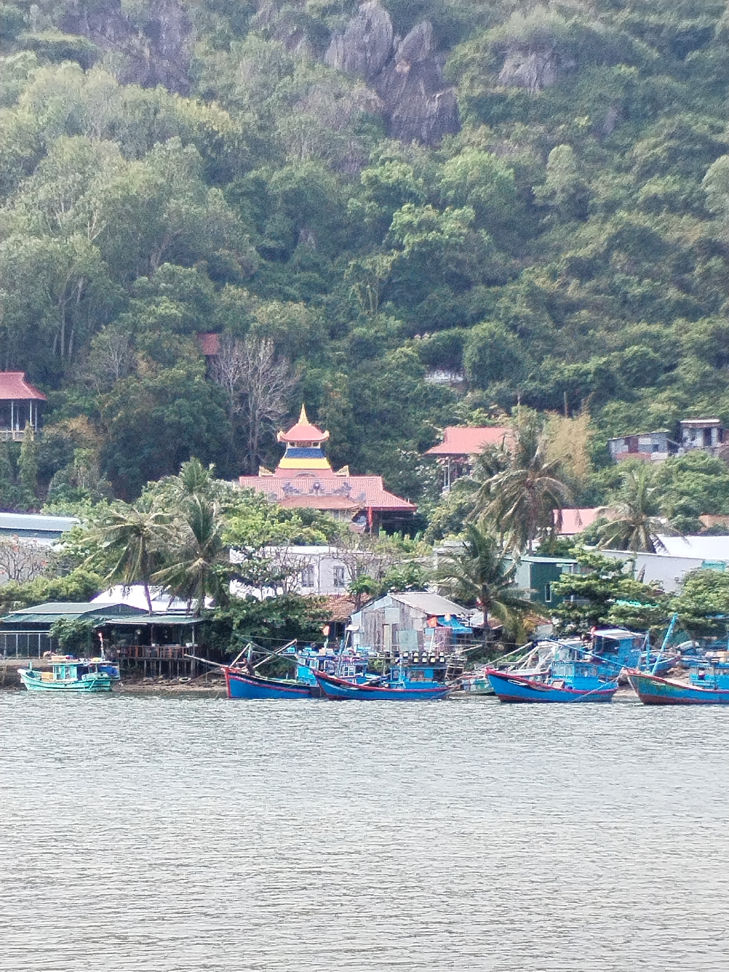 This image shows the Bac Nha Trang Ward coastline in Vietnam. Several blue and red fishing boats are docked along the shore. Behind the boats, there's a building with a green roof and a few palm trees. Further inland, a distinctive orange and yellow pagoda stands out amidst the green foliage of a hill. Houses with red roofs dot the landscape, extending up the hill towards the rocky terrain at the top. The water in the foreground is rippled, indicating a slight breeze or current.