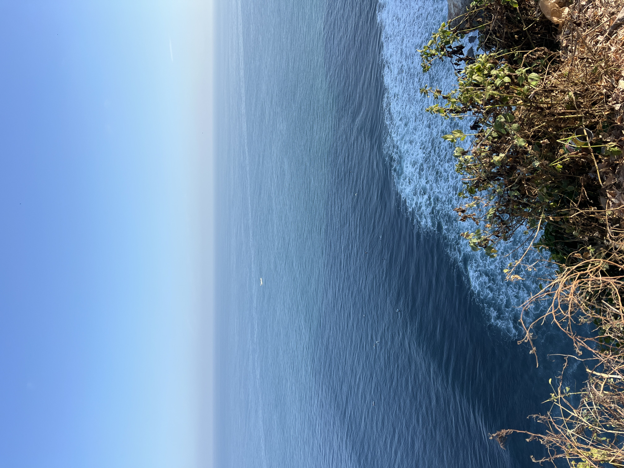 The image displays a serene ocean scene viewed from a cliffside in Kuta Selatan, Indonesia. The vast expanse of the deep blue ocean dominates the frame, with a gentle gradient of lighter blue towards the horizon. The sky above is a clear, pale blue, with a slight haze visible where the sky meets the water. A small white boat is visible in the distance, and several surfers are scattered across the water, identifiable by their surfboards. White waves crash against the cliff edge, creating a foamy fringe along the coastline. The foreground is occupied by dry, brown vegetation and some green bushes, suggesting the edge of the land. The overall impression is one of natural beauty and tranquility, with human activity subtly present in the form of the surfers and the distant boat.