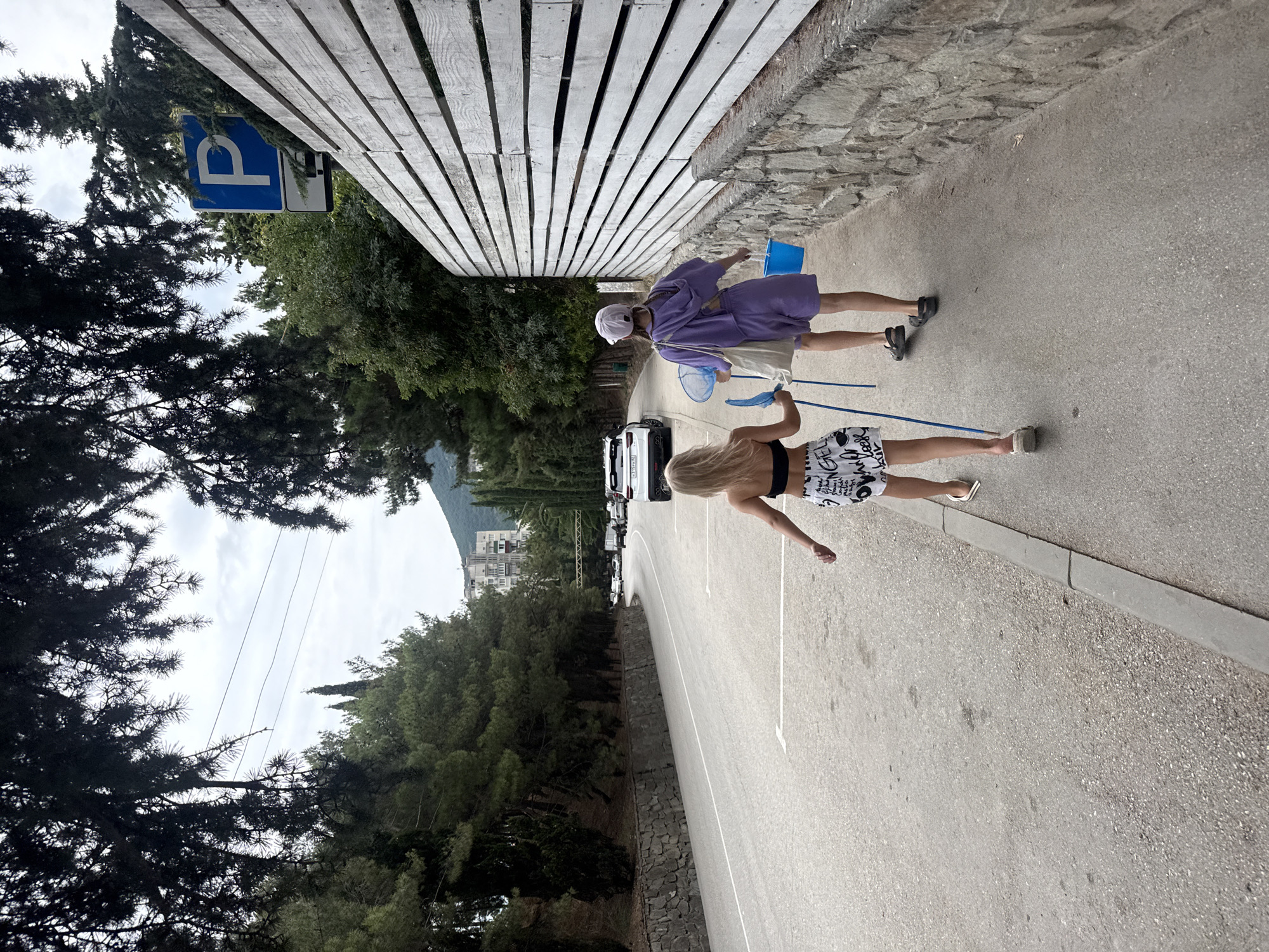 Two young females, one with blonde hair wearing a black top and patterned shorts, and another wearing a light purple hooded tracksuit and a light purple cap, walk away from the camera on a paved sidewalk next to a road. The blonde girl is holding a blue butterfly net in her right hand. The other girl is carrying a blue bucket in her right hand and a blue butterfly net in her left hand, with a beige bag slung over her shoulder. They are walking alongside a grey stone wall topped with a white wooden fence. The road has white parking space markings. In the background, there are trees, a parking sign with a blue 'P', and buildings. The location is identified as Partenit, Ukraine.