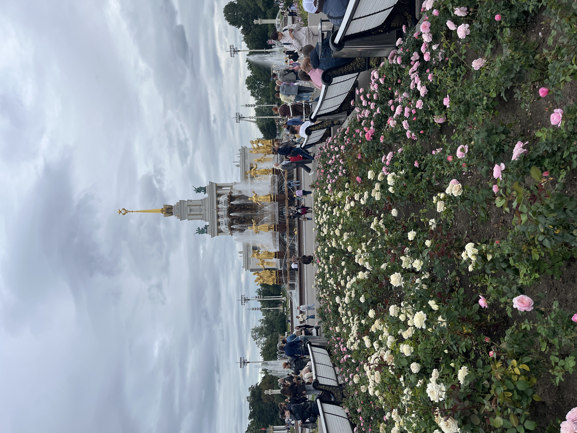 This is a wide-angle, eye-level photograph of the Friendship of Nations fountain at VDNKh (Exhibition of Achievements of National Economy) in Moscow, Russia. The sky is overcast with gray clouds. In the foreground, a flower bed is filled with numerous white and pink roses, with some pink roses appearing in the midground as well. Several white benches with ornate dark patterns are visible along the edge of the flower bed, with some people seated on them and others standing nearby. In the midground and background, the large, multi-tiered Friendship of Nations fountain is prominently featured, adorned with gilded statues and spouting water. Beyond the fountain, a large, ornate building structure with a golden spire is visible, flanked by other structures and trees. Numerous people are seen walking and gathered around the fountain and surrounding areas.